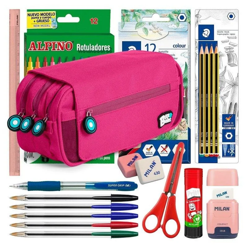 Astuccio Triplo Grafoplás Bitsbobs Magenta con Materiale Scolastico Incluso - immagine 1