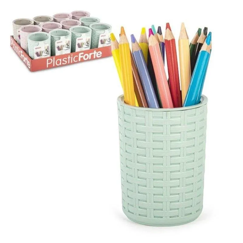 Porta-matite rotondo Plastic Forte Rattan - Set di 2 per ufficio, Marrone - immagine 1