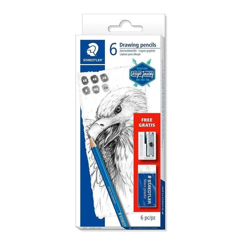 Matite da Disegno Staedtler Mars Lumograph - Scatola da 6 con Gomma e Temperino - immagine 1