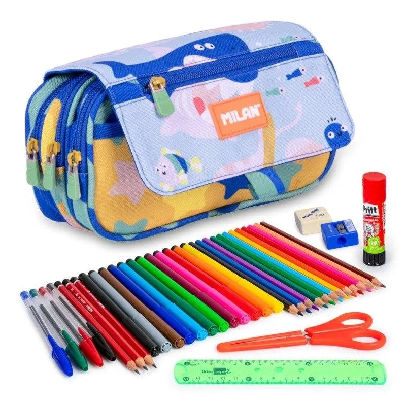 Astuccio Triplo Milan Blue Odyssey con Materiale Scolastico di Qualità Incluso e 4 Cerniere - immagine 1
