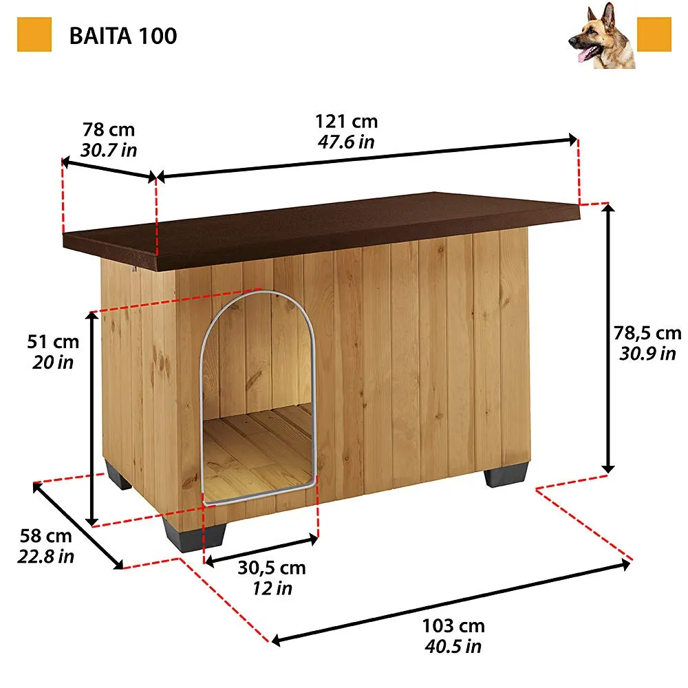 Ferplast BAITA 100 Casetta per Cani in Legno FSC - Tetto Apribile, Impermeabile & Anti-UV - Spiovente, con Chiusura - Porta Antimorso in Alluminio - Piedi Isolanti - 121 x 78 x h 78,5 cm - immagine 2