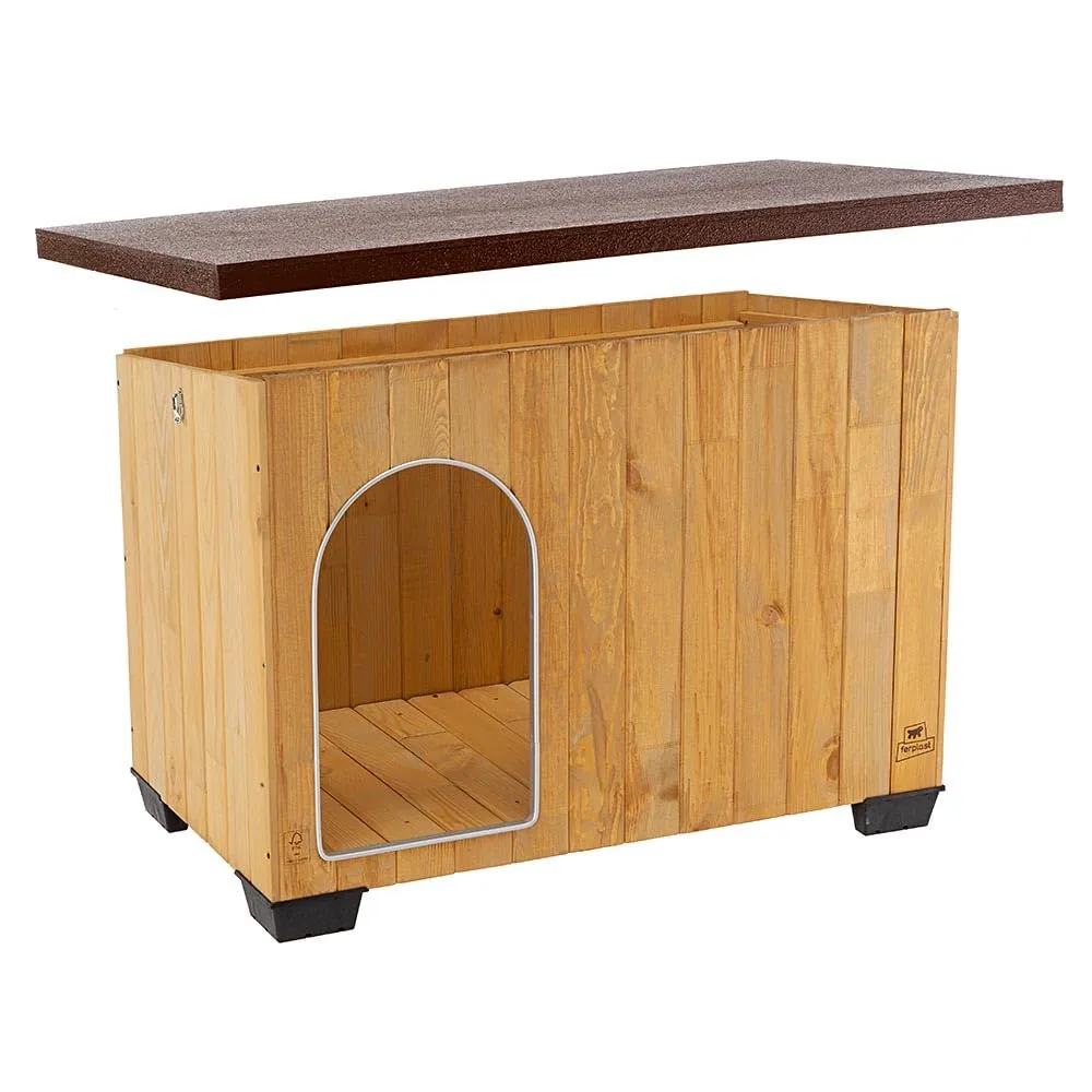 Ferplast BAITA 100 Casetta per Cani in Legno FSC - Tetto Apribile, Impermeabile & Anti-UV - Spiovente, con Chiusura - Porta Antimorso in Alluminio - Piedi Isolanti - 121 x 78 x h 78,5 cm - immagine 4