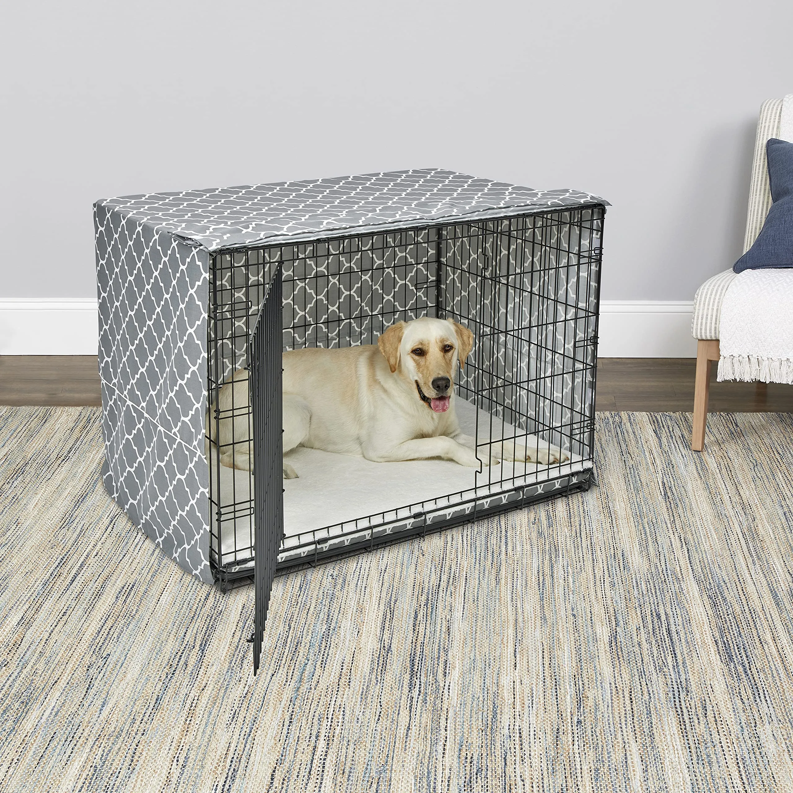 New World Copertura per gabbia per cani di taglia grande, con protezione in teflon, in policotone, per la maggior parte delle casse da 106 cm, stampa grigia, lavabile in lavatrice, riduce l'abbaiare - immagine 3