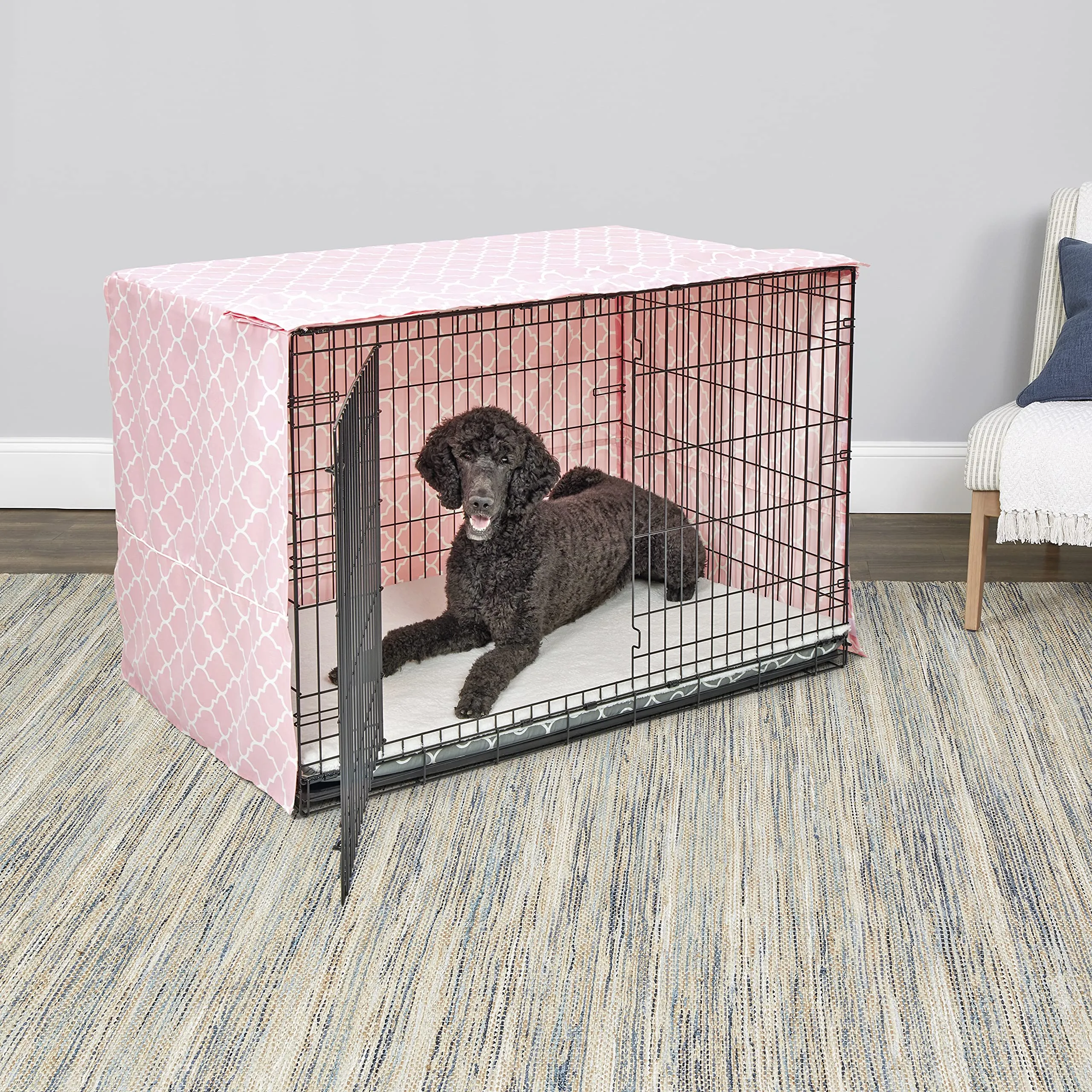 New World Copertura per gabbia per cani di taglia XL con protezione in teflon, in policotone, per la maggior parte delle gabbie da 122 cm, stampa rosa, lavabile in lavatrice, riduce l'abbaiare - immagine 3
