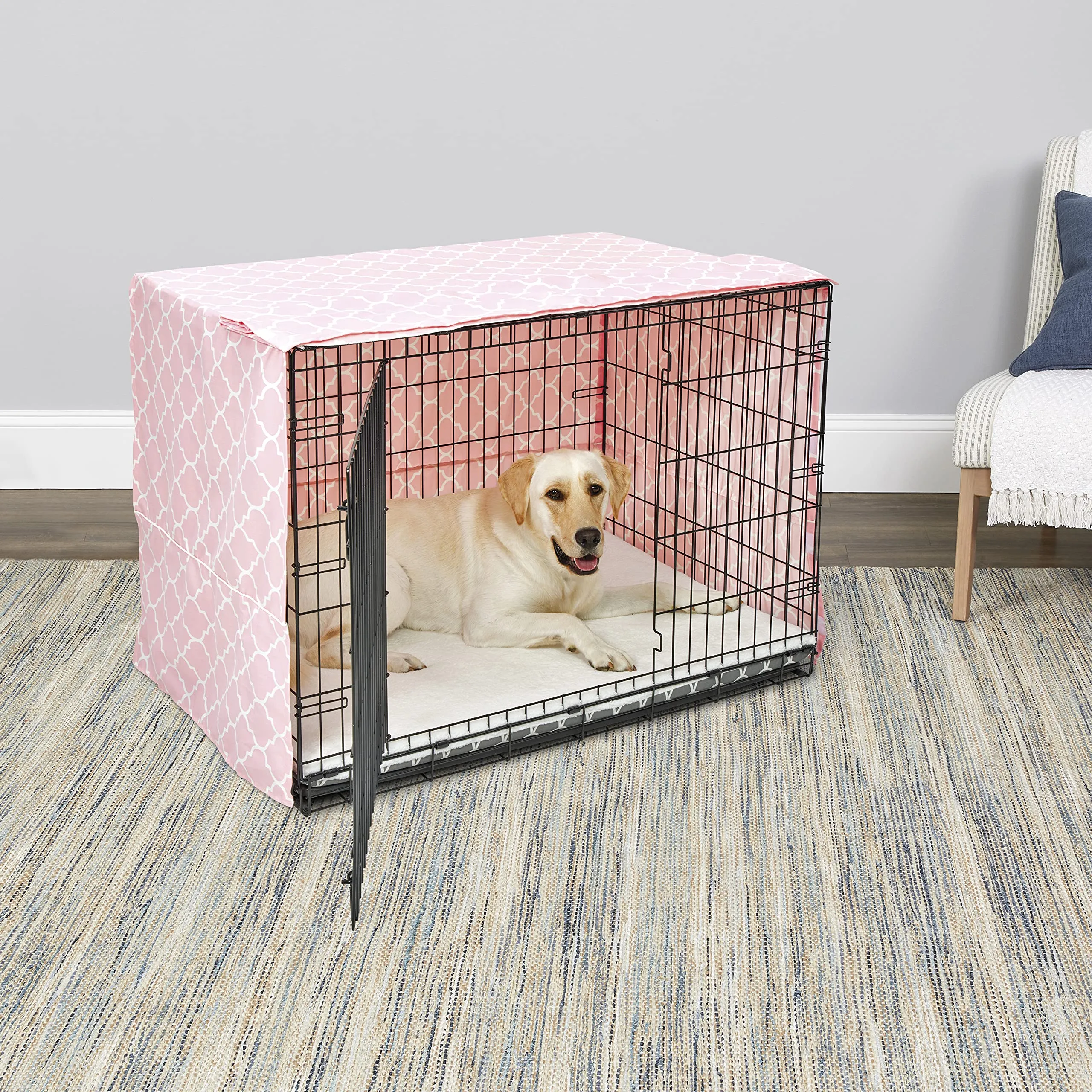 New World Copertura per gabbia per cani di taglia grande, con protezione in teflon, in policotone, per la maggior parte delle casse da 106 cm, stampa rosa, lavabile in lavatrice, riduce l'abbaiare - immagine 3