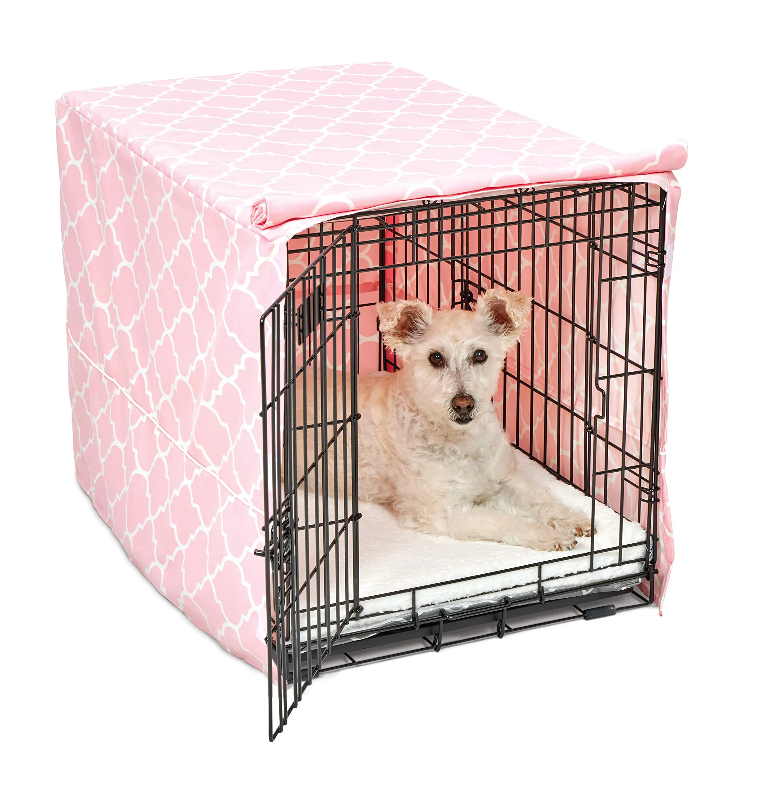 New World Copertura per gabbia per cani di taglia media, con protezione in teflon, in policotone, per la maggior parte delle casse da 76 cm, stampa rosa, lavabile in lavatrice, riduce l'abbaiare - immagine 1