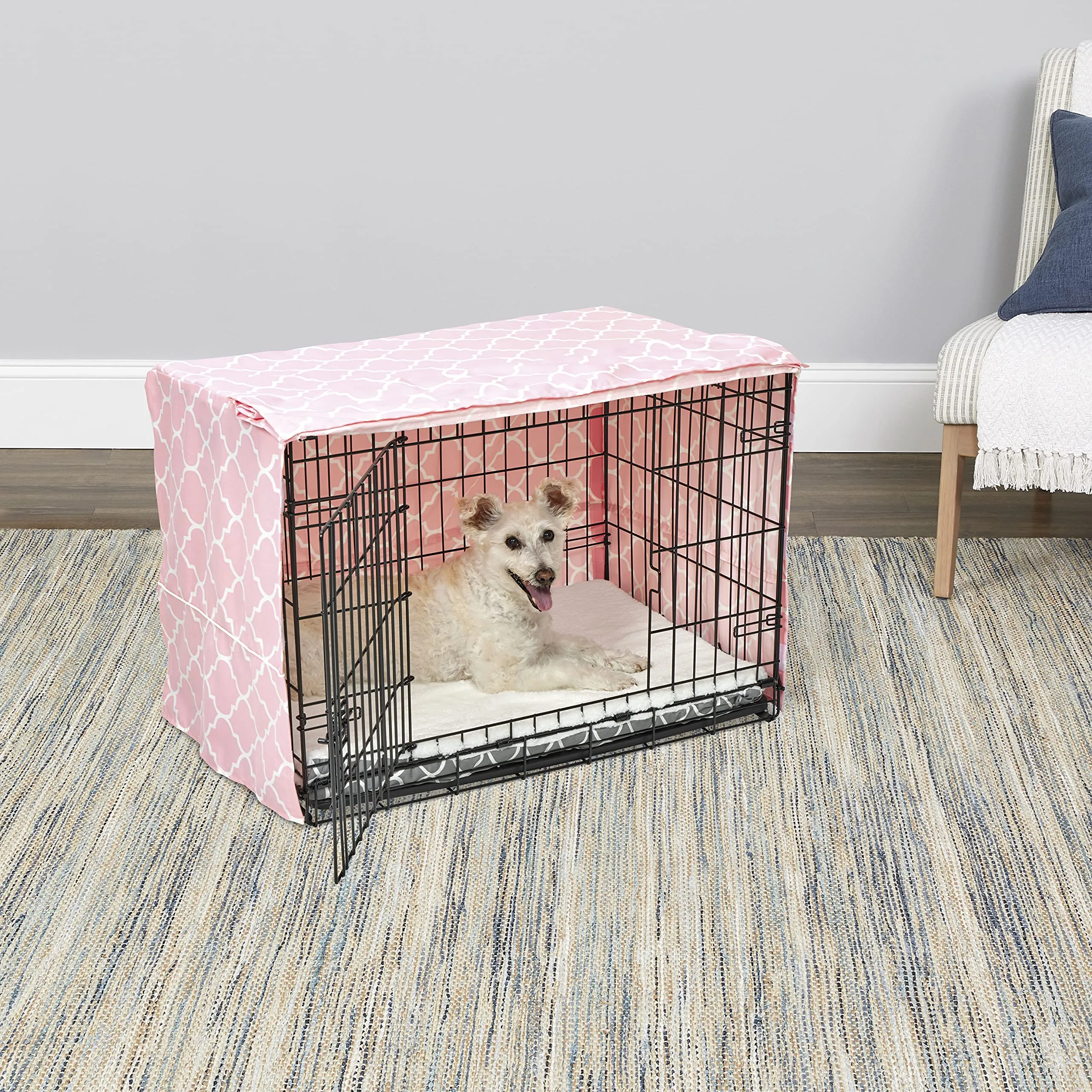 New World Copertura per gabbia per cani di taglia media, con protezione in teflon, in policotone, per la maggior parte delle casse da 76 cm, stampa rosa, lavabile in lavatrice, riduce l'abbaiare - immagine 2