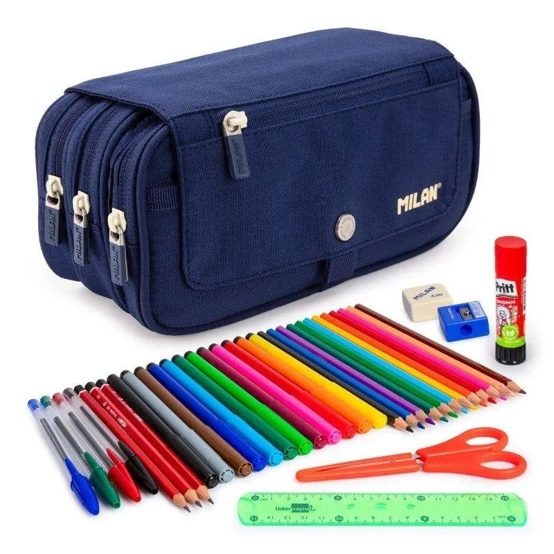 Astuccio Triplo Milan 1918 Blu con Materiale Scolastico Incluso, 4 Cerniere - immagine 1