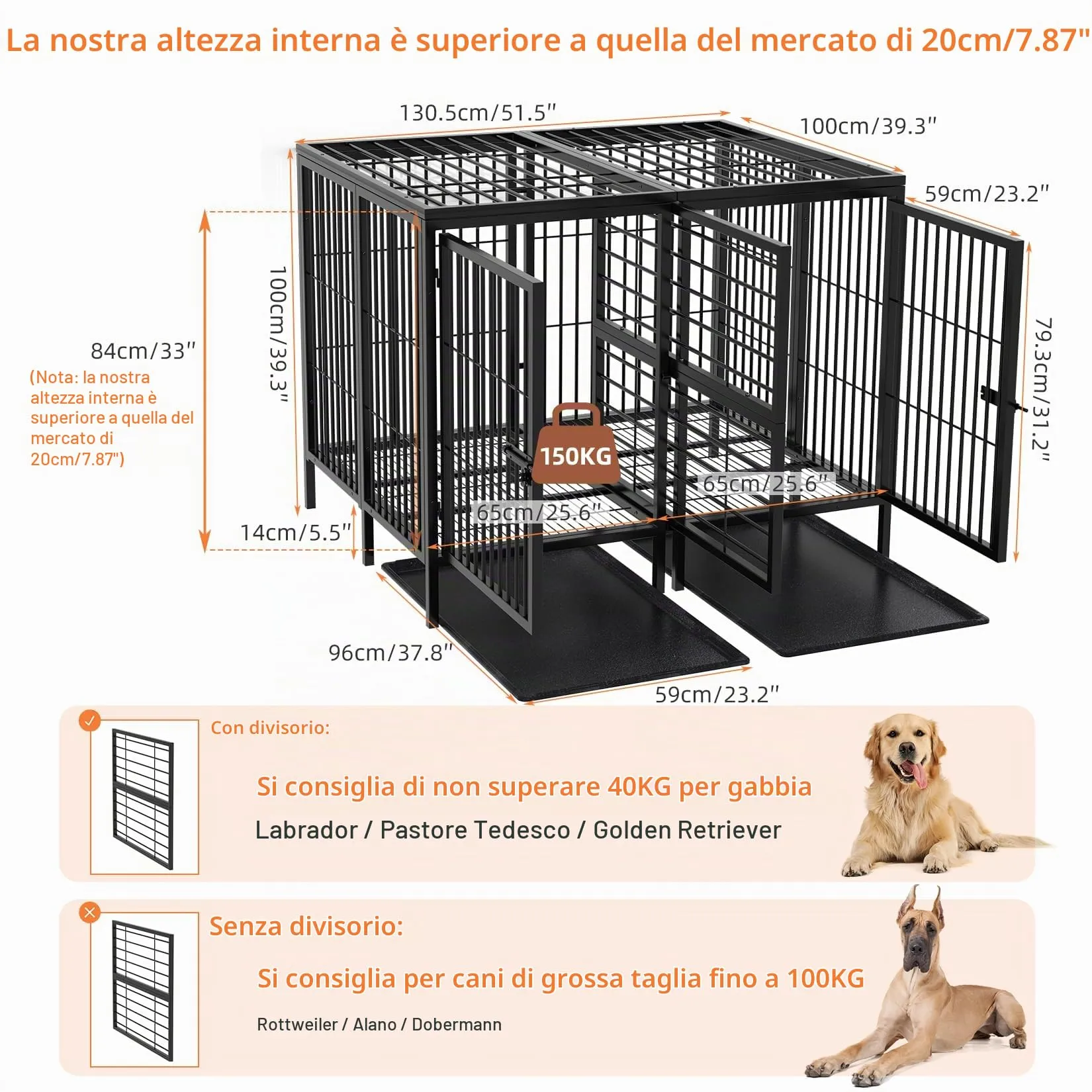 BingoPaw Resistente Gabbia per cani: 130cm Più Grande Kennel per Cane Box Metallo Struttura Rialzata con Divisorio Rimovibile 2 Porte Indistruttibile per 2 cani di Taglia Piccola e Media - immagine 5