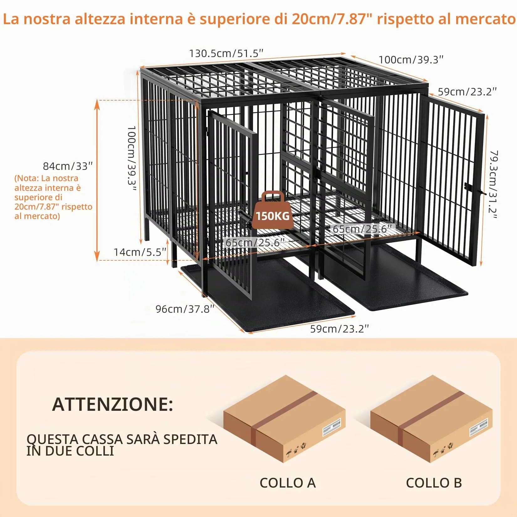 BingoPaw Resistente Gabbia per cani: 130cm Più Grande Kennel per Cane Box Metallo Struttura Rialzata con Divisorio Rimovibile 2 Porte Indistruttibile per 2 cani di Taglia Piccola e Media - immagine 6