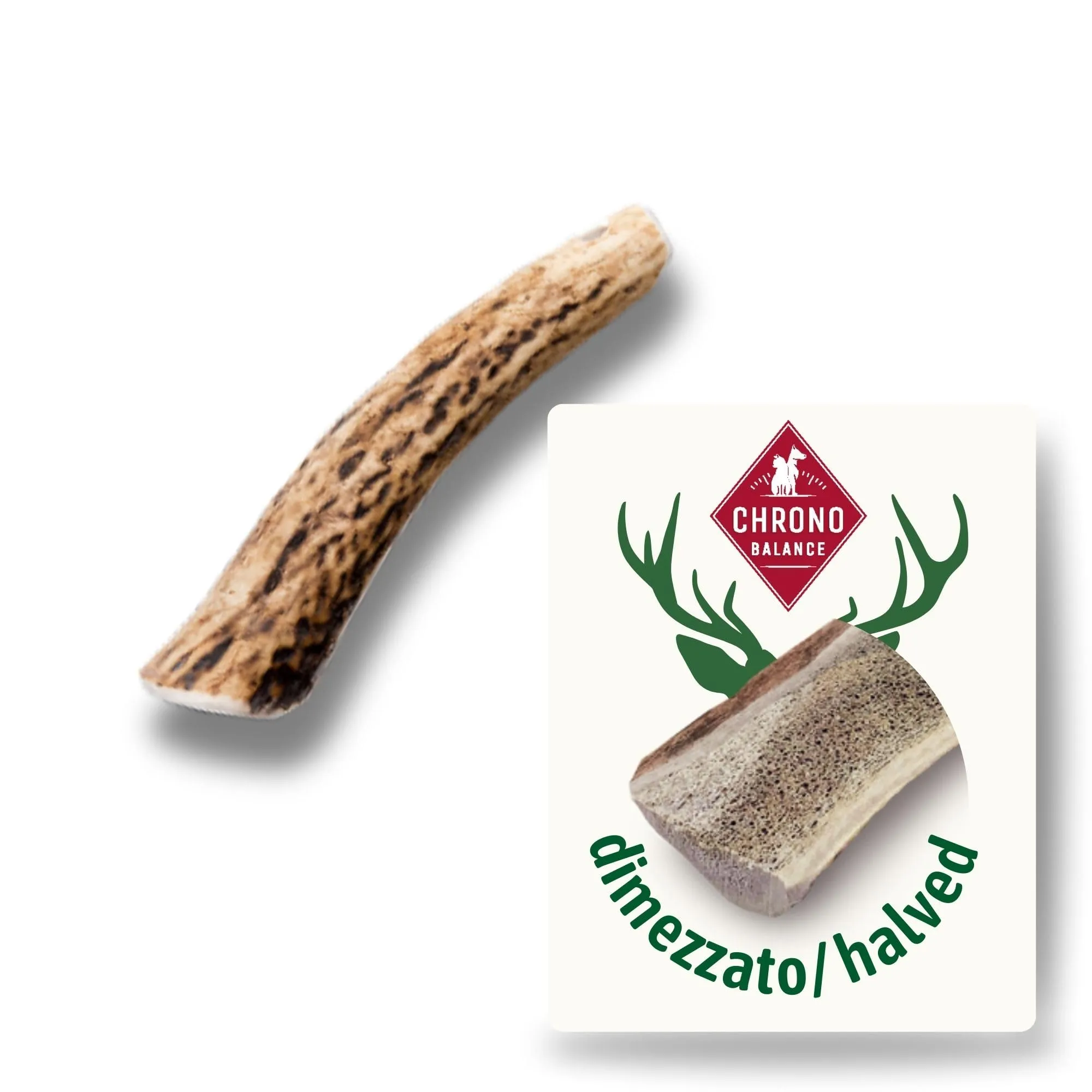 ChronoBalance-XS Corno di Cervo per Cani, Confezione da 1, Dimezzato, 100% Naturale, Osso di Cervo, Cura Dentale, Giocattolo per Cani, Senza Sostanze Chimiche, Lunga Durata - immagine 1
