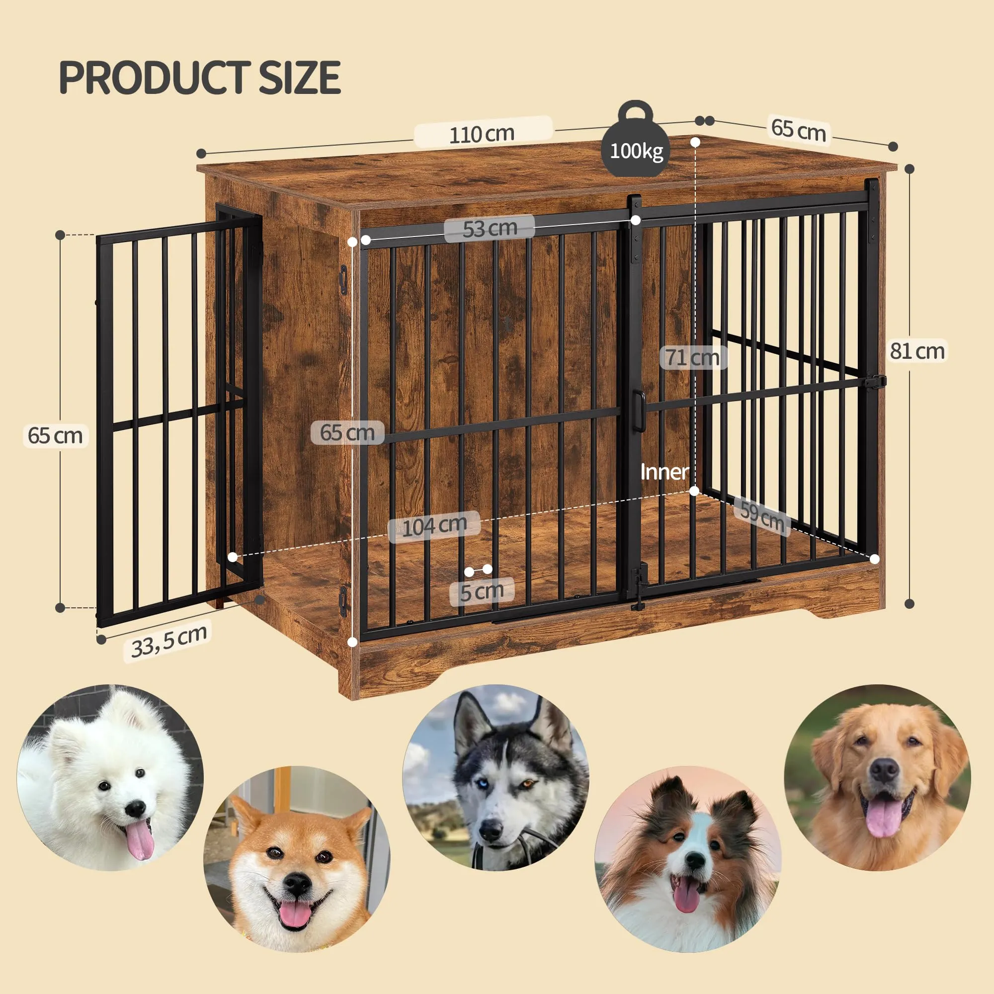 Hzuaneri 110cm Gabbia per Cani, Tavolo Supplemento, Nicchia Moderna per Cani, Gabbia per Cuccioli, Casetta per Animali, 2 porte, 65 × 110 × 81 cm, Marrone Rustico DFC84401B - immagine 2
