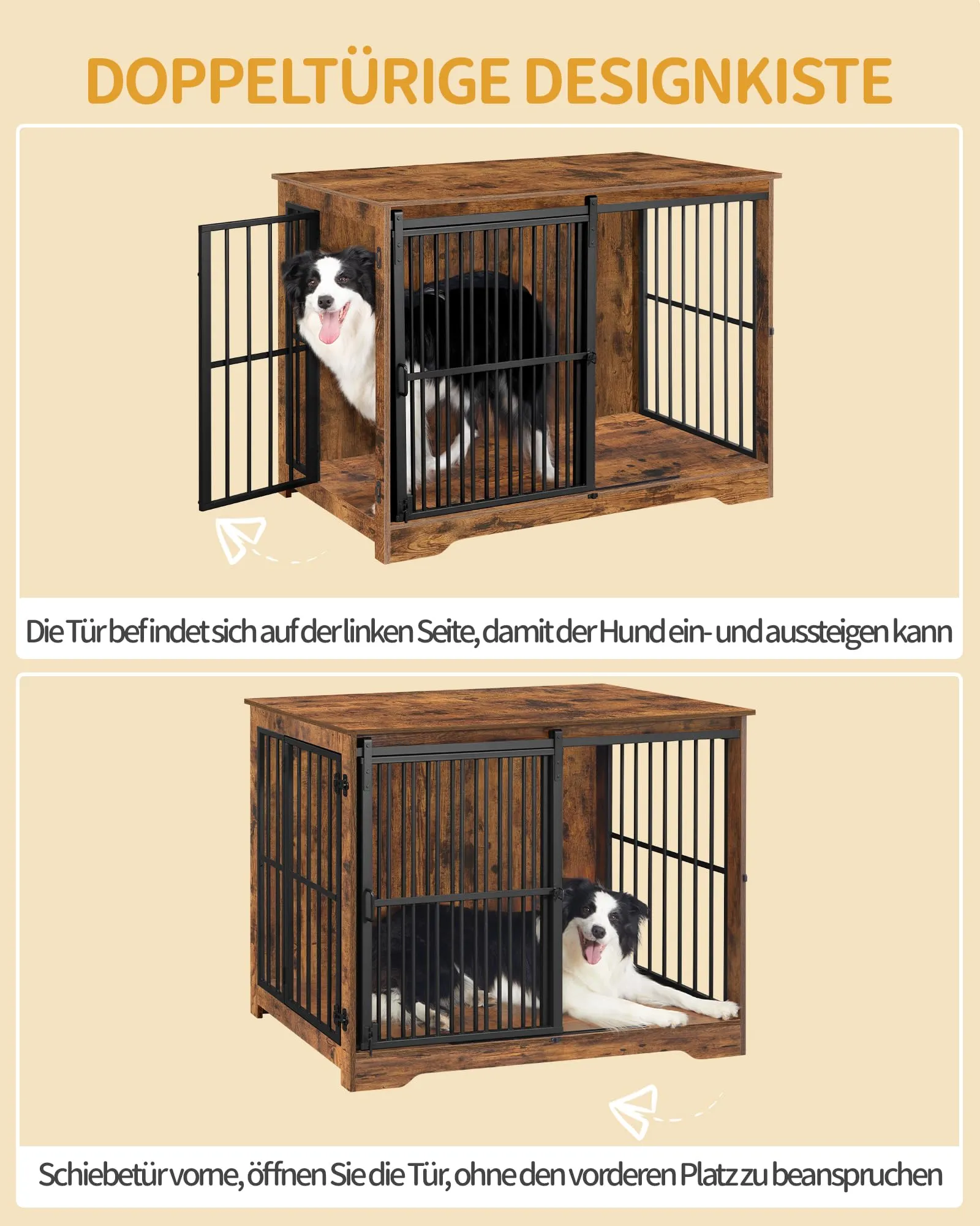 Hzuaneri 110cm Gabbia per Cani, Tavolo Supplemento, Nicchia Moderna per Cani, Gabbia per Cuccioli, Casetta per Animali, 2 porte, 65 × 110 × 81 cm, Marrone Rustico DFC84401B - immagine 4