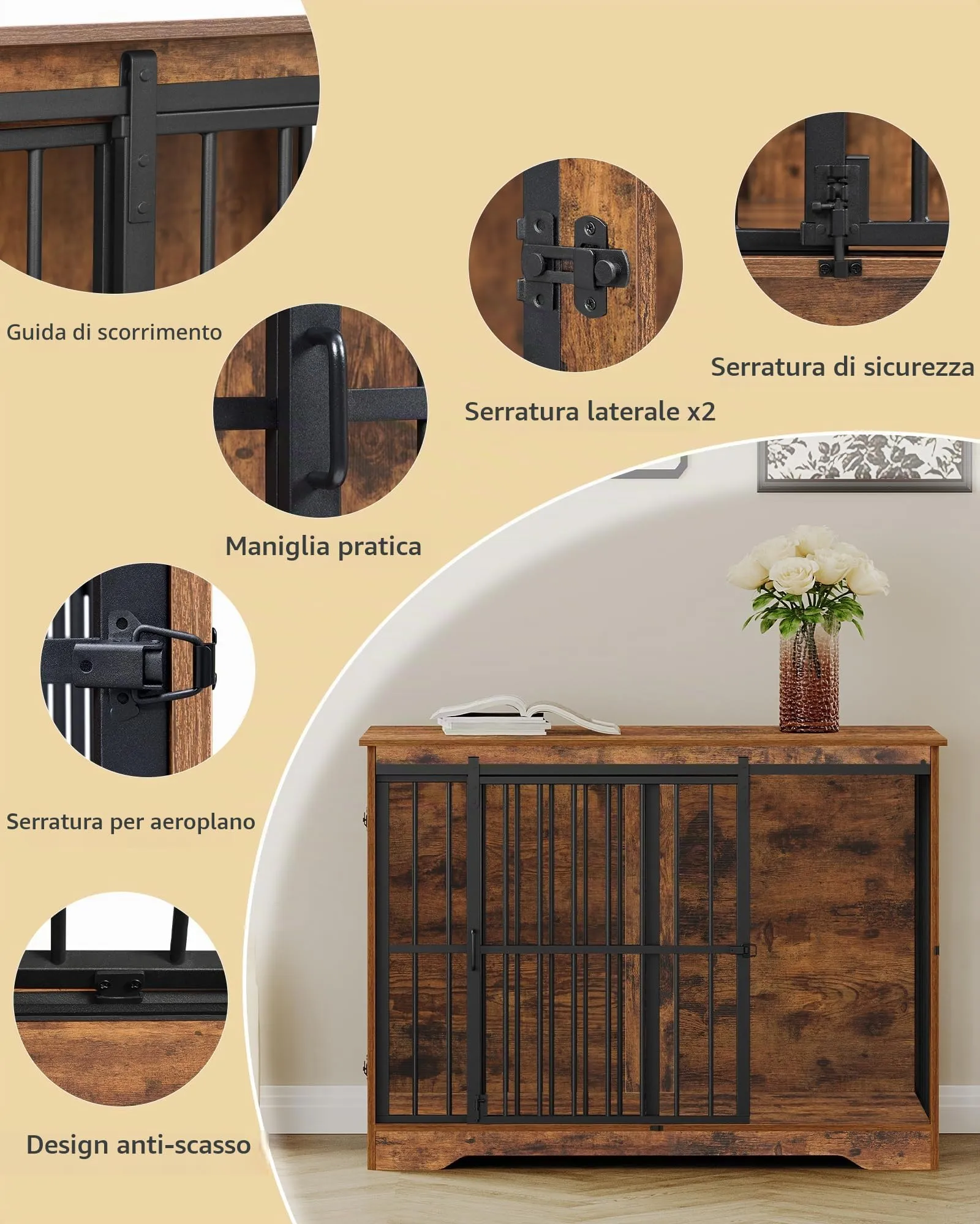 Hzuaneri 110cm Gabbia per Cani, Tavolo Supplemento, Nicchia Moderna per Cani, Gabbia per Cuccioli, Casetta per Animali, 2 porte, 65 × 110 × 81 cm, Marrone Rustico DFC84401B - immagine 6