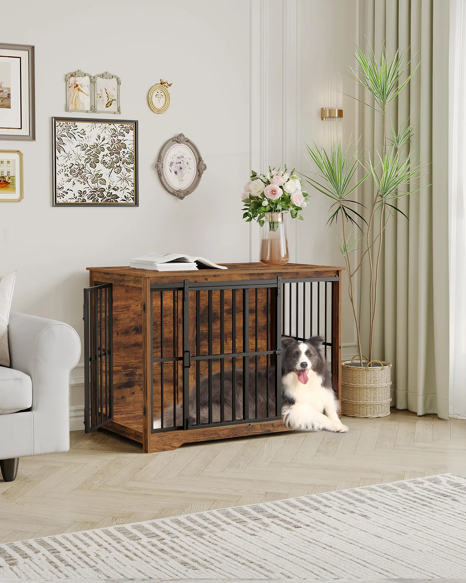 Hzuaneri 110cm Gabbia per Cani, Tavolo Supplemento, Nicchia Moderna per Cani, Gabbia per Cuccioli, Casetta per Animali, 2 porte, 65 × 110 × 81 cm, Marrone Rustico DFC84401B - immagine 7
