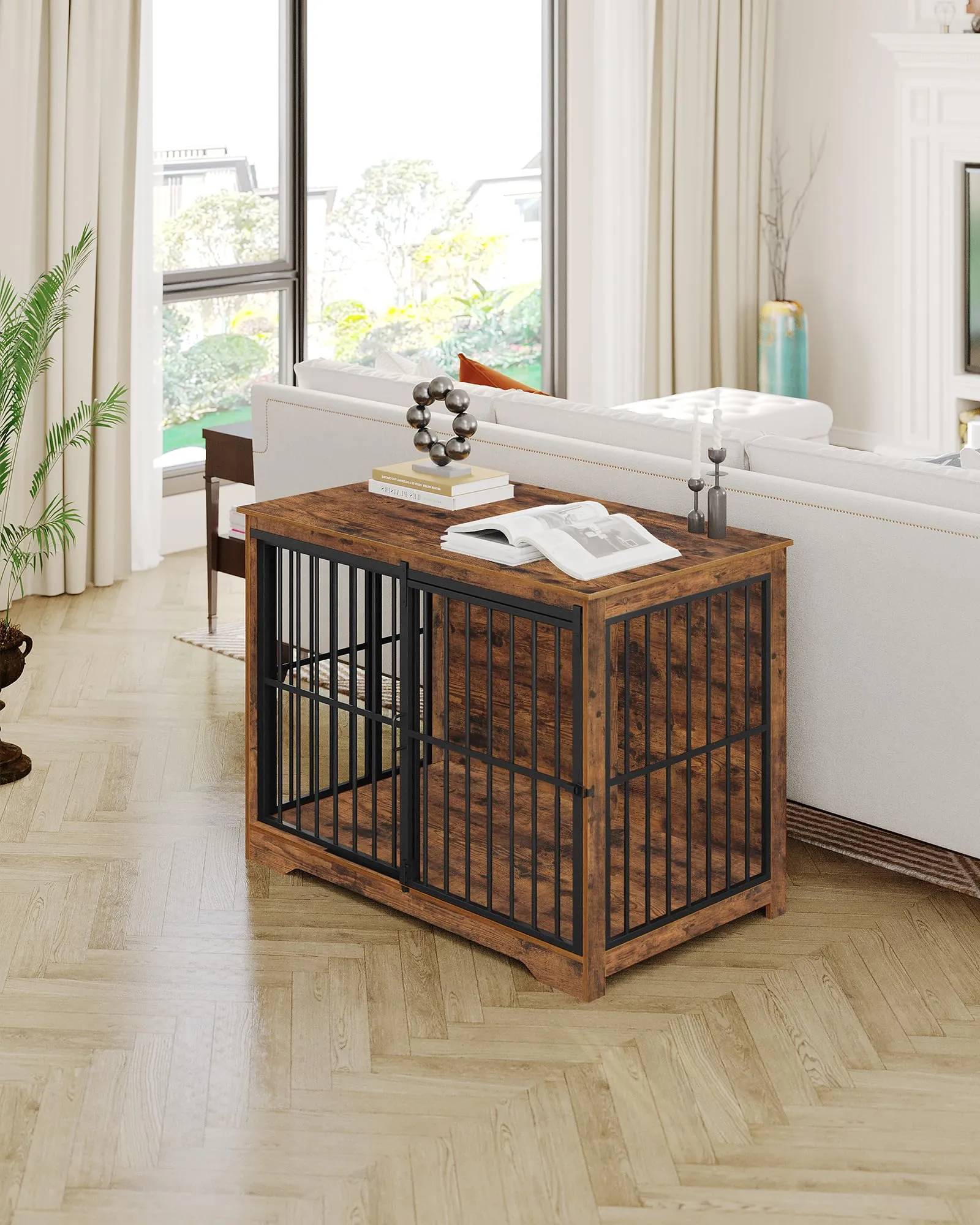 Hzuaneri 110cm Gabbia per Cani, Tavolo Supplemento, Nicchia Moderna per Cani, Gabbia per Cuccioli, Casetta per Animali, 2 porte, 65 × 110 × 81 cm, Marrone Rustico DFC84401B - immagine 8