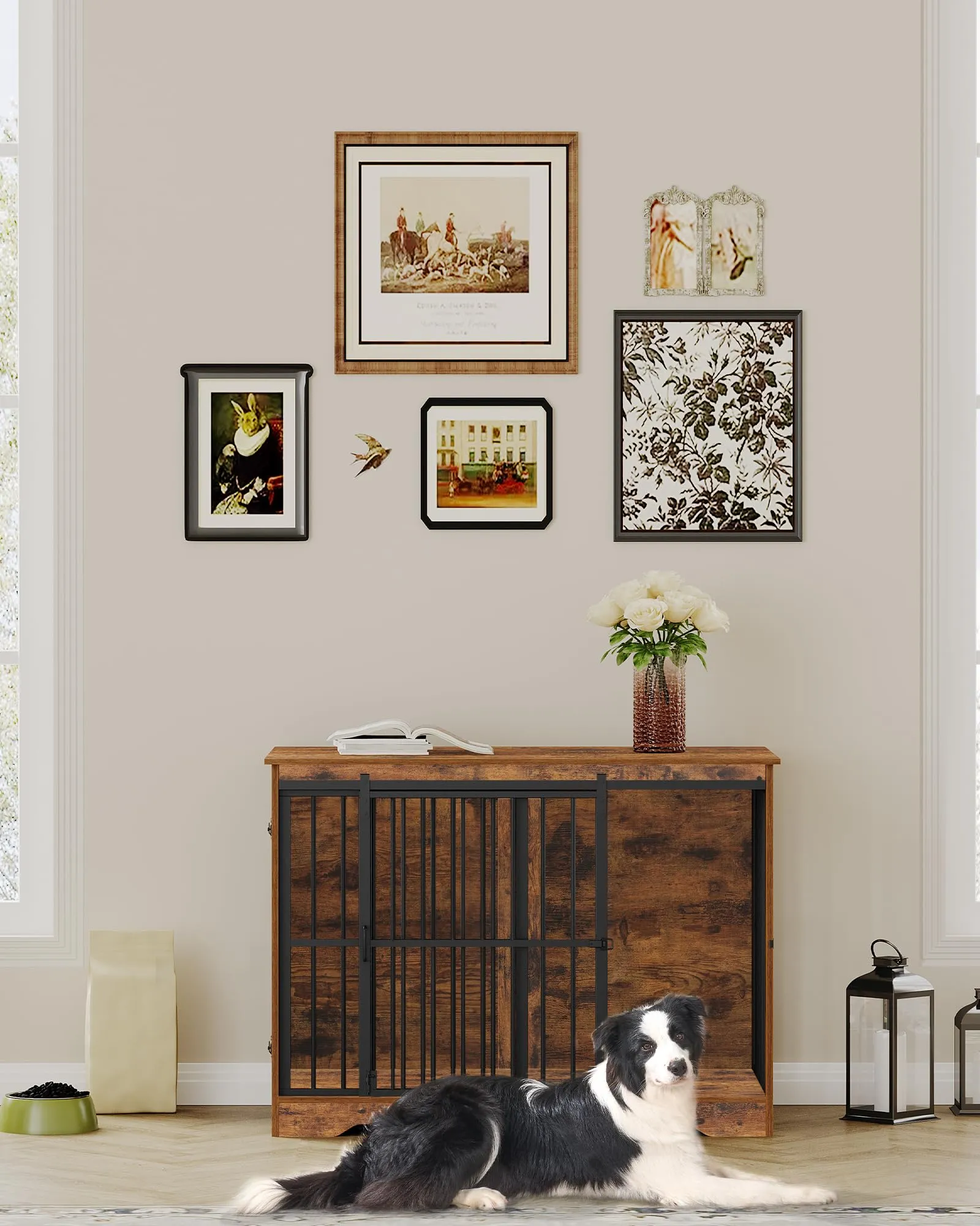 Hzuaneri 110cm Gabbia per Cani, Tavolo Supplemento, Nicchia Moderna per Cani, Gabbia per Cuccioli, Casetta per Animali, 2 porte, 65 × 110 × 81 cm, Marrone Rustico DFC84401B - immagine 9