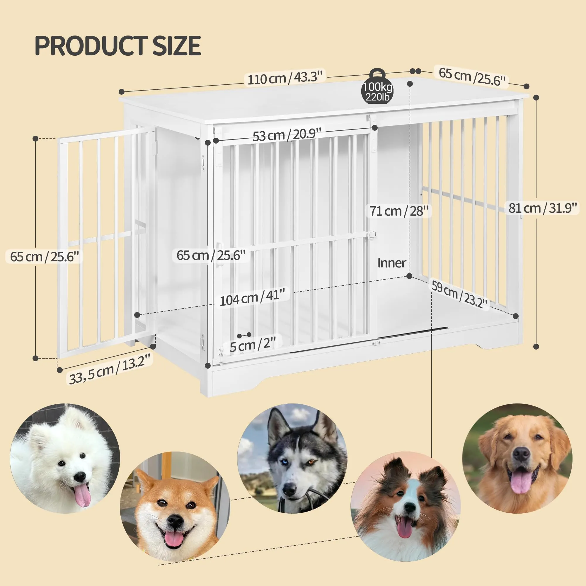 Hzuaneri 110cm Gabbia per Cani, Tavolo Supplemento, Nicchia Moderna per Cani, Gabbia per Cuccioli, Casetta per Animali, 2 porte, 65 × 110 × 81 cm, Bianco DFC84413W - immagine 2