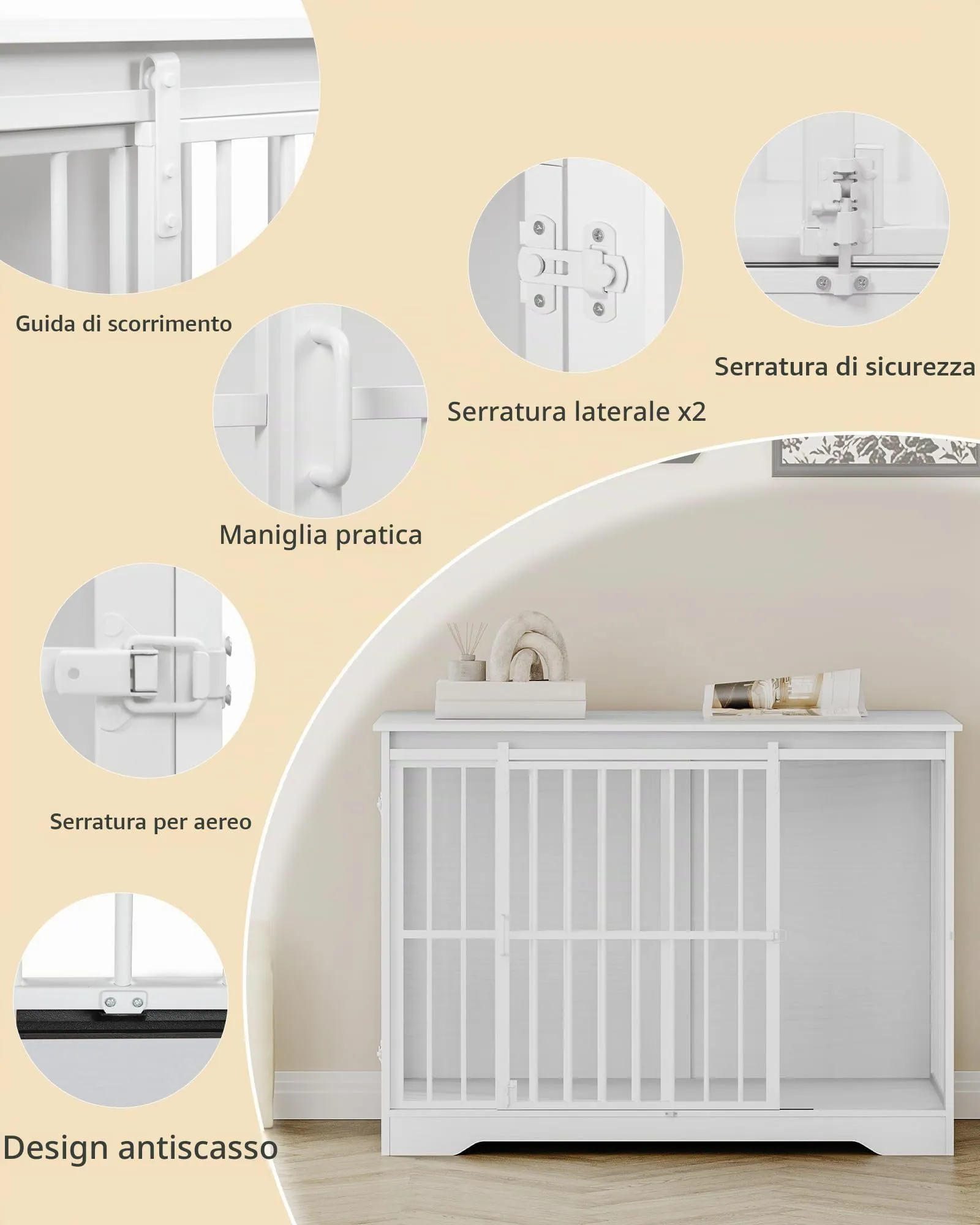 Hzuaneri 110cm Gabbia per Cani, Tavolo Supplemento, Nicchia Moderna per Cani, Gabbia per Cuccioli, Casetta per Animali, 2 porte, 65 × 110 × 81 cm, Bianco DFC84413W - immagine 6