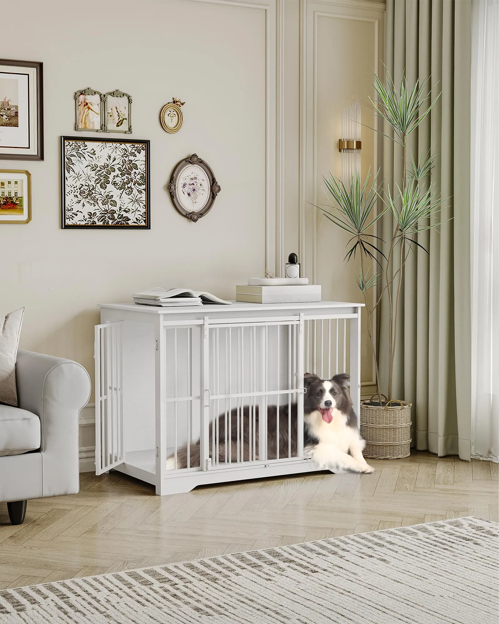 Hzuaneri 110cm Gabbia per Cani, Tavolo Supplemento, Nicchia Moderna per Cani, Gabbia per Cuccioli, Casetta per Animali, 2 porte, 65 × 110 × 81 cm, Bianco DFC84413W - immagine 7