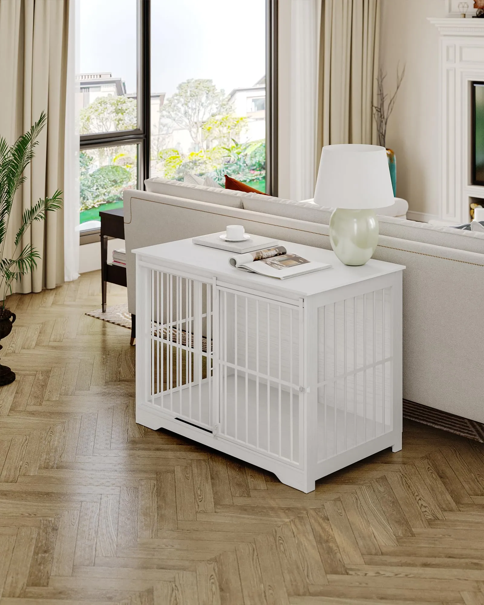 Hzuaneri 110cm Gabbia per Cani, Tavolo Supplemento, Nicchia Moderna per Cani, Gabbia per Cuccioli, Casetta per Animali, 2 porte, 65 × 110 × 81 cm, Bianco DFC84413W - immagine 9