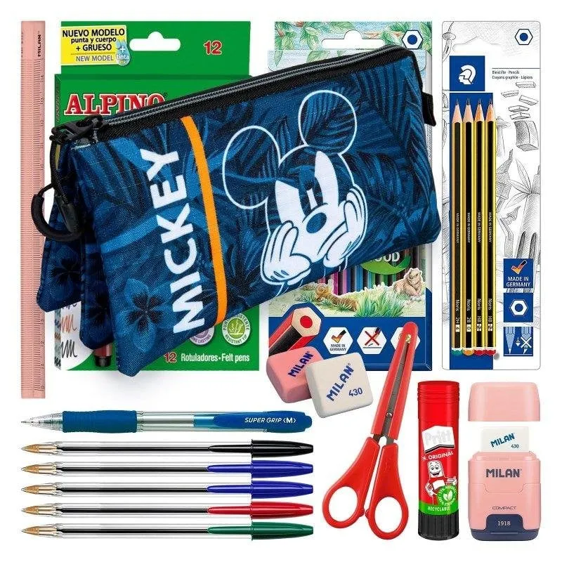 Astuccio Triplo Karactermania Mickey Blu con Materiale Scolastico - immagine 1