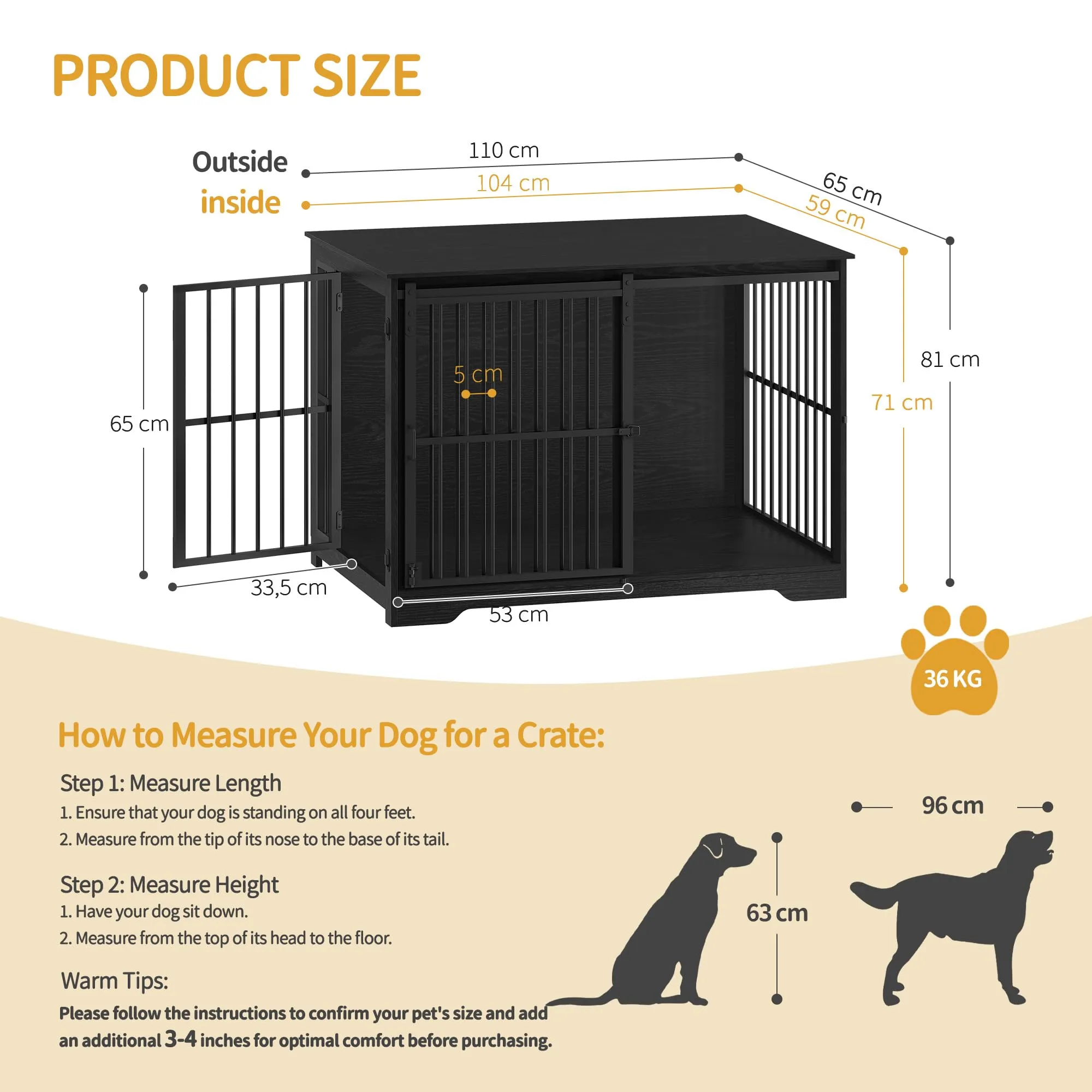 Hzuaneri 110cm Gabbia per Cani, Nero Tavolo Supplemento - immagine 2