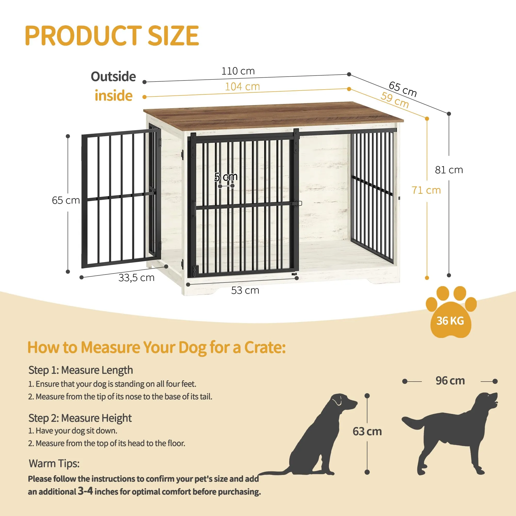 Hzuaneri 110 cm Gabbia per Cani, Bianco e Marrone Tavolo Supplemento - immagine 2