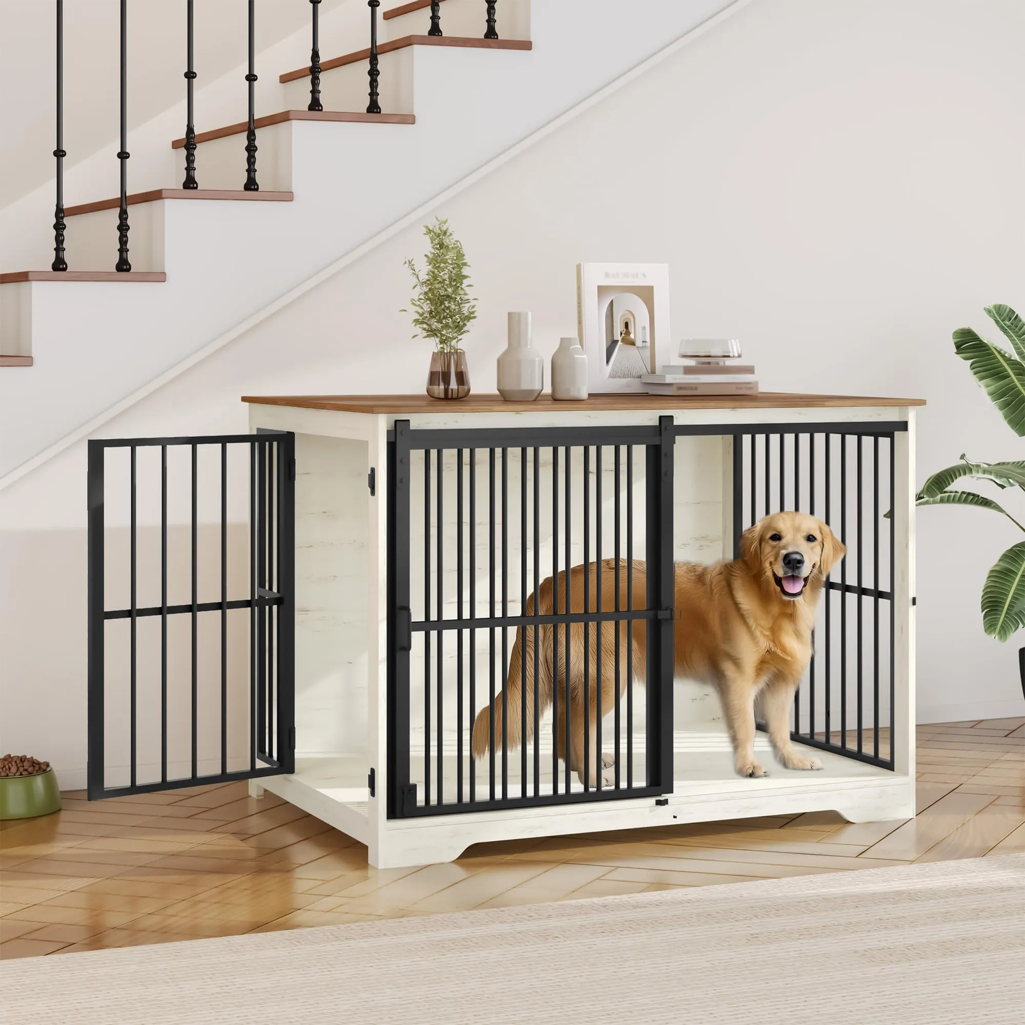 Hzuaneri 110 cm Gabbia per Cani, Bianco e Marrone Tavolo Supplemento - immagine 3