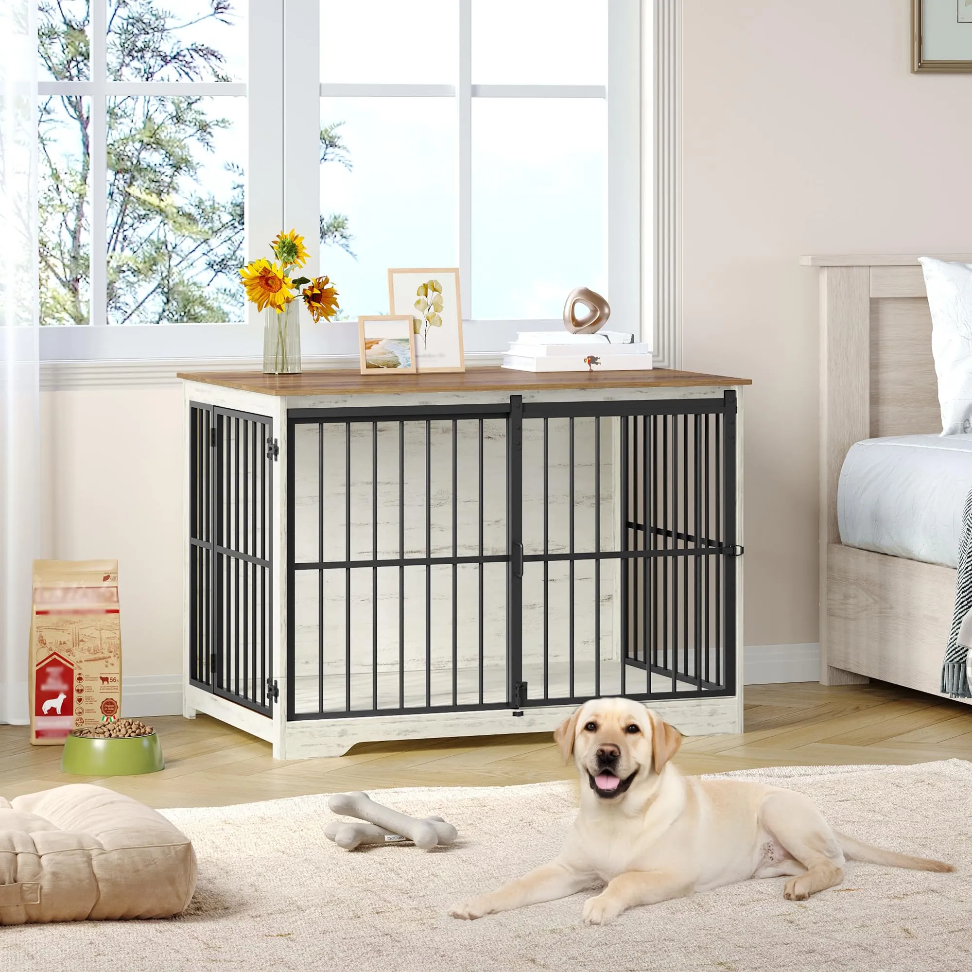 Hzuaneri 110 cm Gabbia per Cani, Bianco e Marrone Tavolo Supplemento - immagine 8