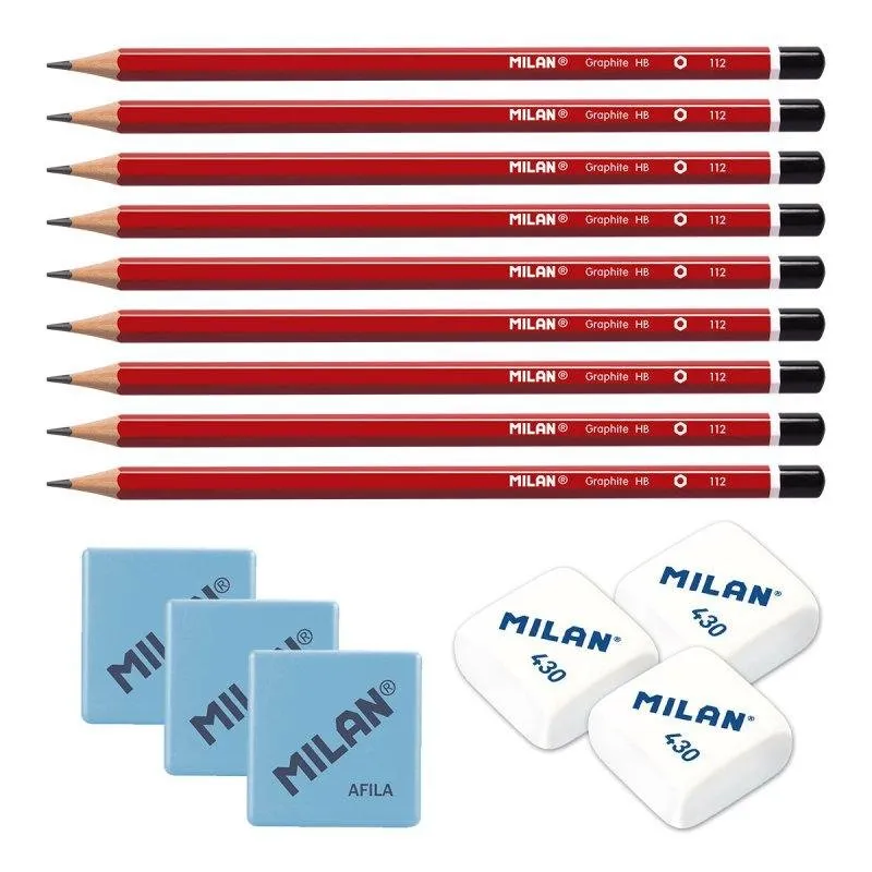Kit di Matite Grafito Esagonali HB Milan 9 Pezzi + Gomme e Affilamatite - immagine 1