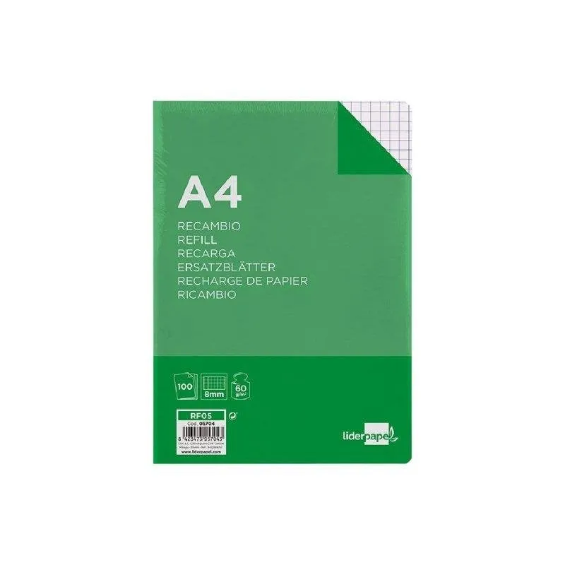 Rimpiazzo A4 100 fogli 60g/m2 quadrettato 8mm con margini 4 perforazioni Liderpapel - immagine 1