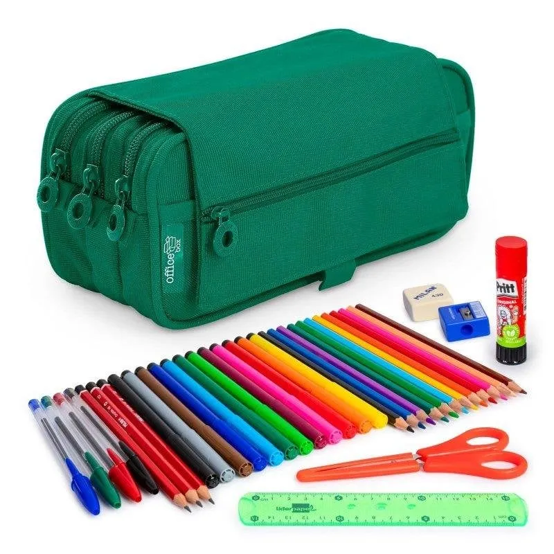 Astuccio Triplo Officebox Eco con Materiale Scolastico Incluso - Verde - immagine 1