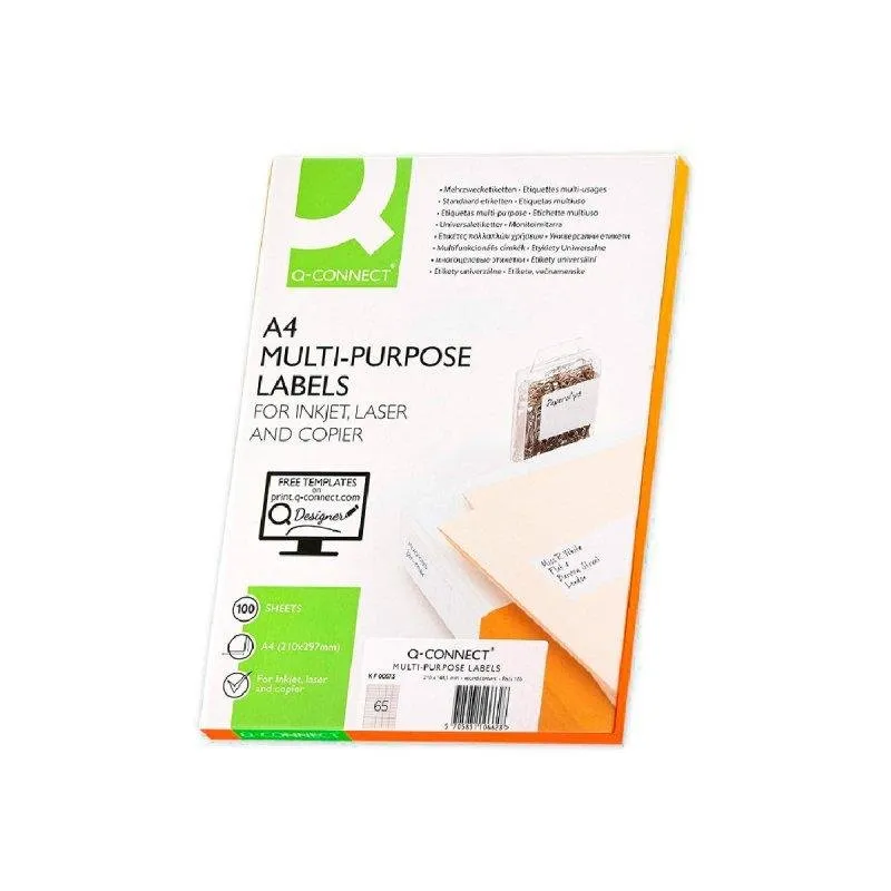 Scatola di Etichette Adesive Q-Connect KF00573 65 Etichette/A4 100 Fogli - immagine 1