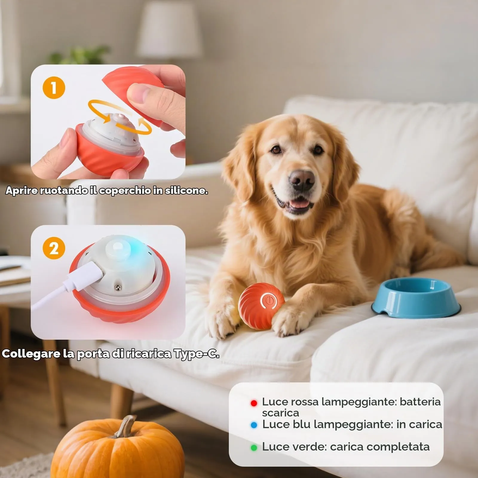 Gerbala Palla Per Cani Interattiva, Giocattolo Automatico Per Cani, Ricaricabile Tramite Usb, Giocattoli Per Cani Di Taglia Grande e Media (B) - immagine 4