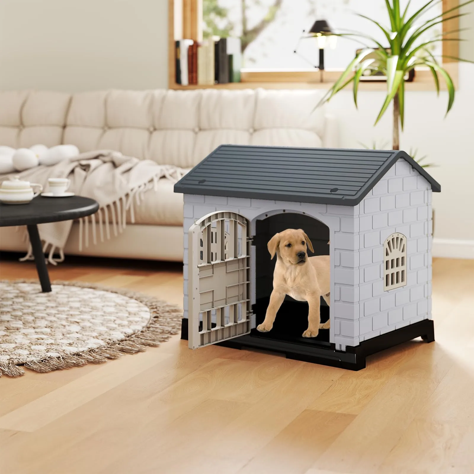COSTWAY Cuccia per Cani Impermeabile con Vassoio Toilette, Grigio - immagine 2