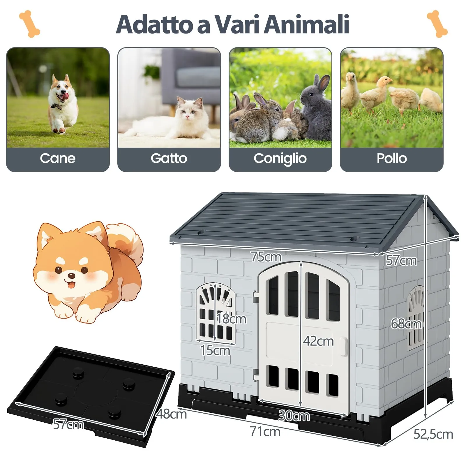 COSTWAY Cuccia per Cani Impermeabile con Vassoio Toilette, Grigio - immagine 3