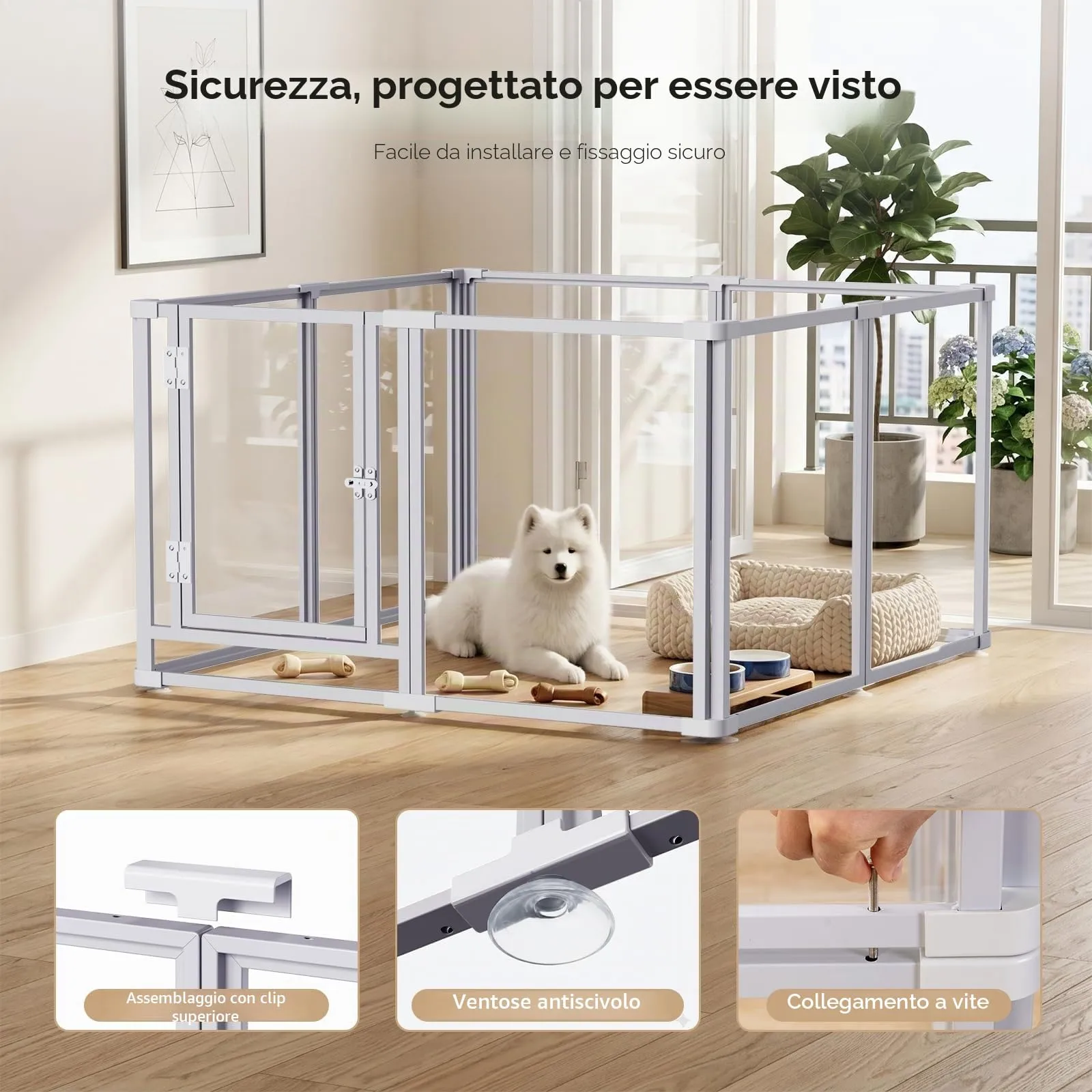 Homelio Recinto per Cani da Interno 10 Pannelli, Box per cani H:60cm, Materiale Acrilico Visibilità ad alta definizione a 360°, Telaio in metallo ultraresistente,Espandibile,Per Cuccioli,Gatti,Bianco - immagine 3