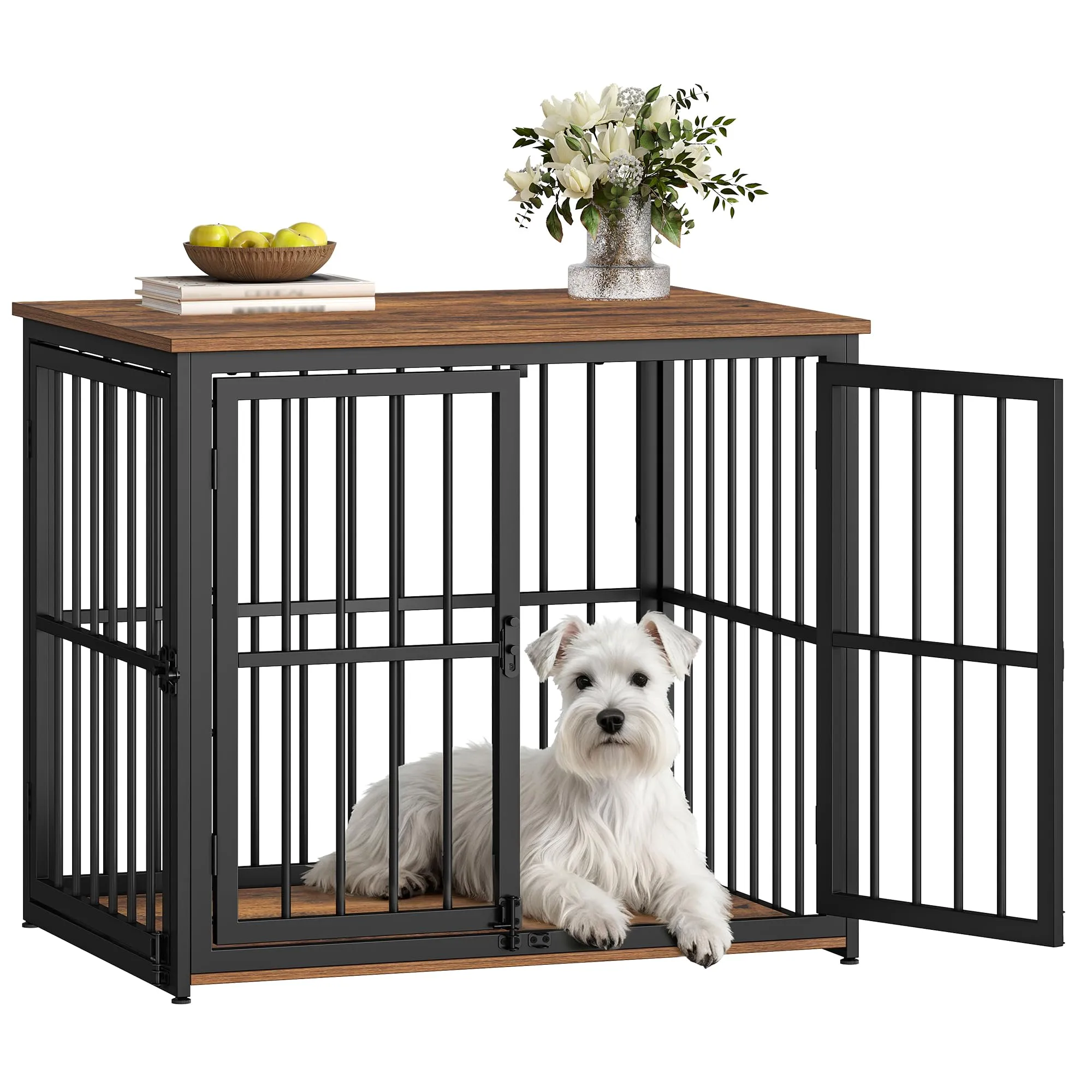 Fobyfurny Gabbia per Cani, 80 x 60 x 70cm, Marrone Rustico & Nero - immagine 1