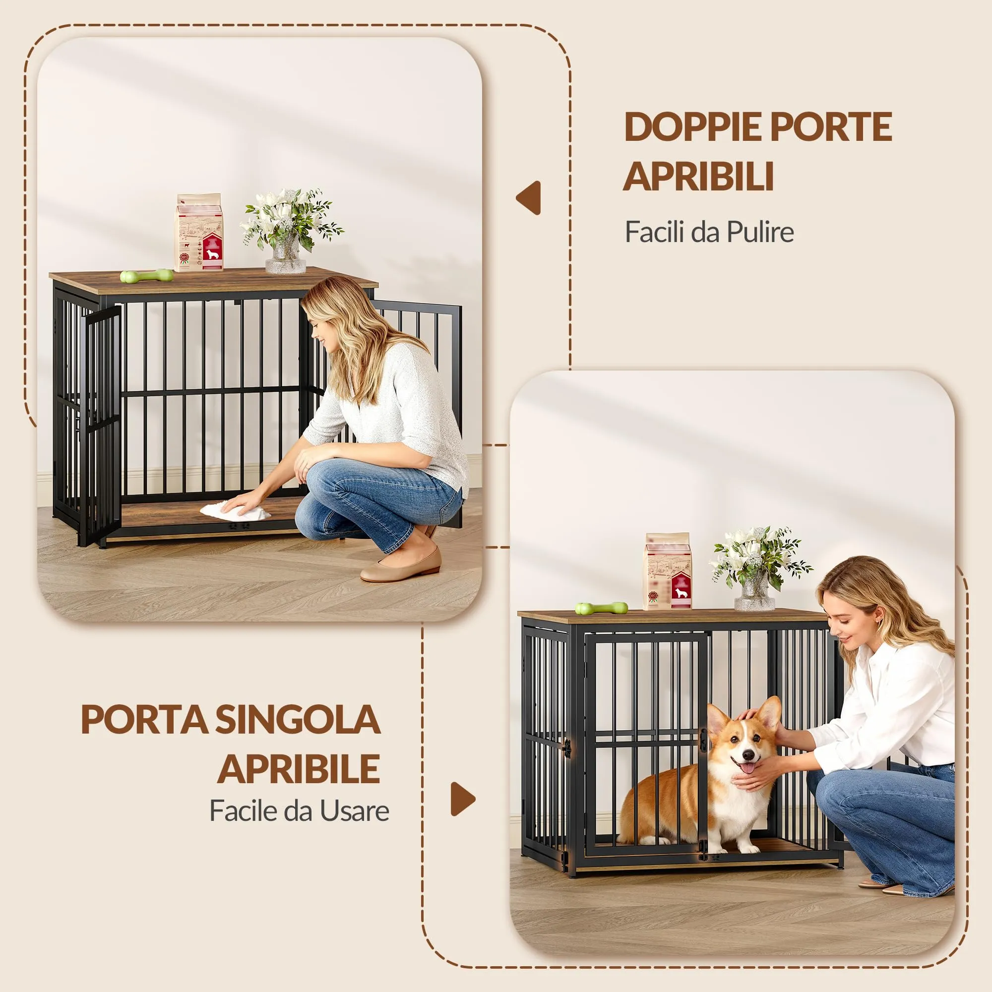 Fobyfurny Gabbia per Cani, 80 x 60 x 70cm, Marrone Rustico & Nero - immagine 2