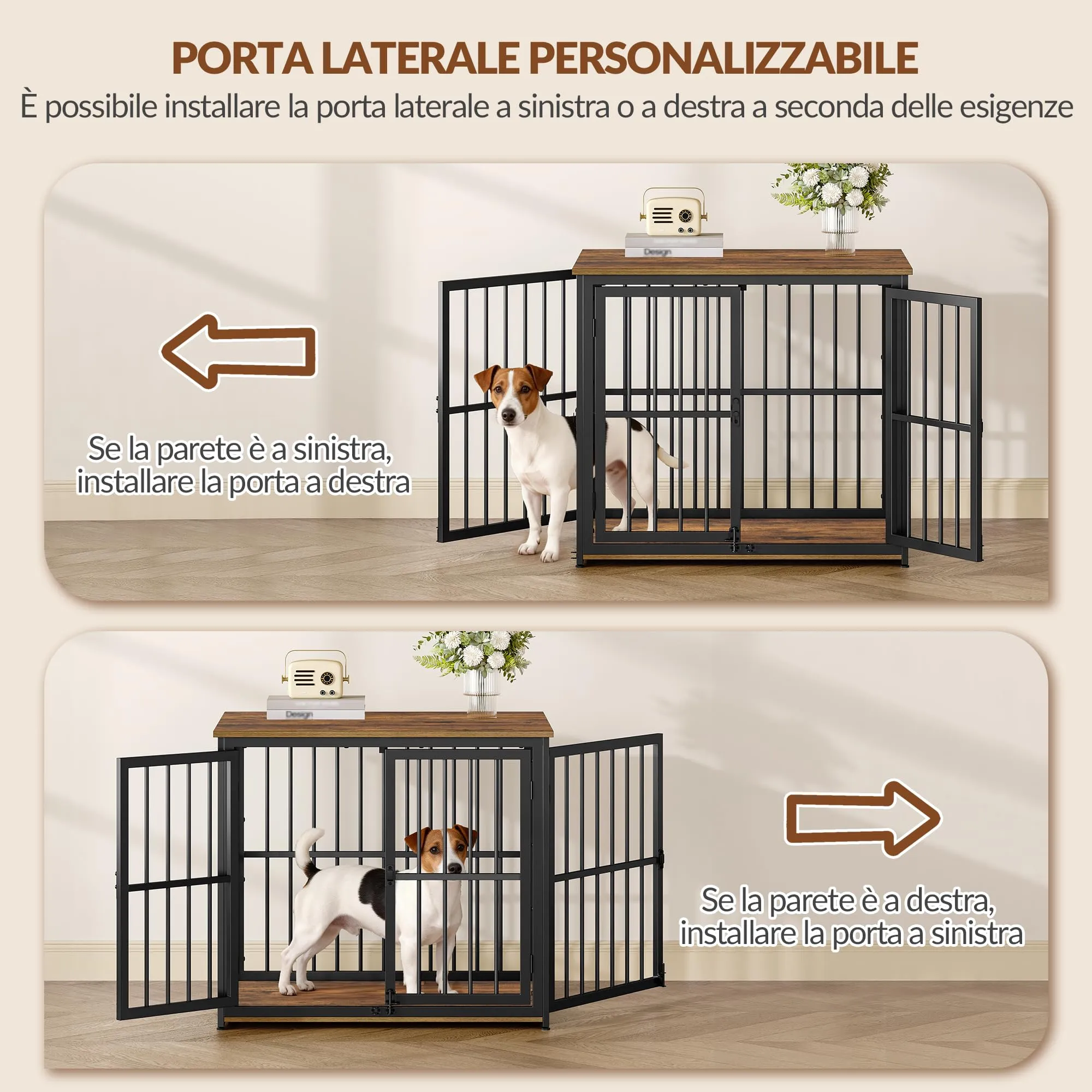 Fobyfurny Gabbia per Cani, 80 x 60 x 70cm, Marrone Rustico & Nero - immagine 3
