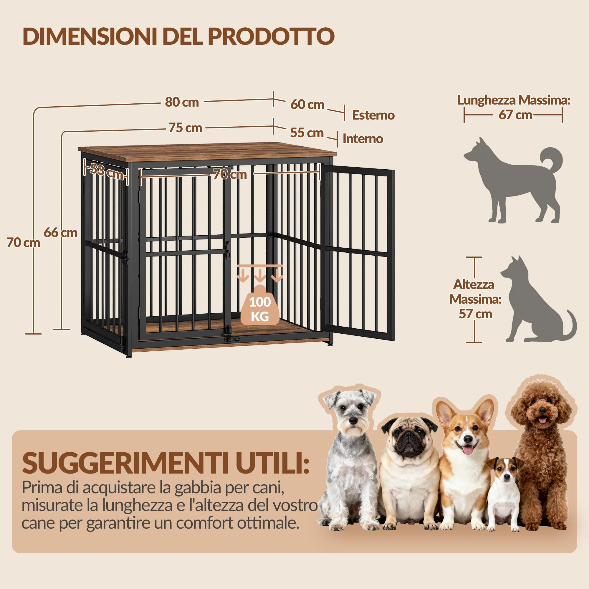 Fobyfurny Gabbia per Cani, 80 x 60 x 70cm, Marrone Rustico & Nero - immagine 4