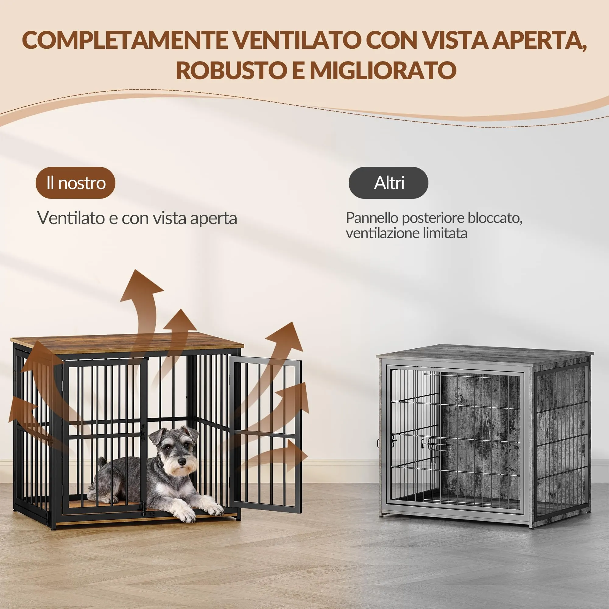 Fobyfurny Gabbia per Cani, 80 x 60 x 70cm, Marrone Rustico & Nero - immagine 5