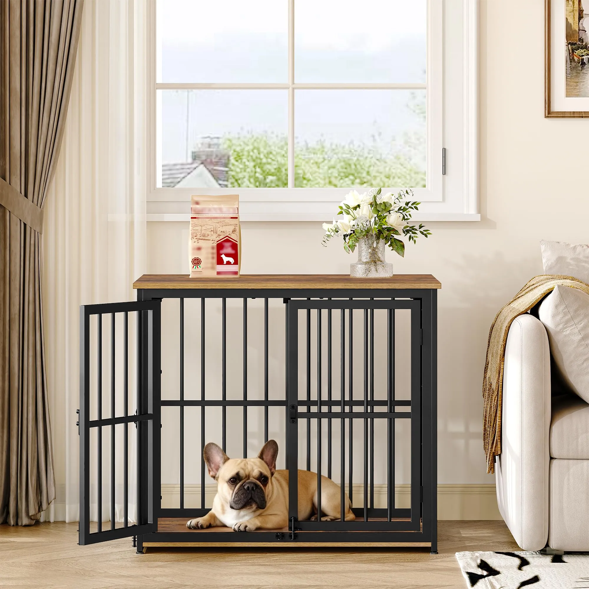 Fobyfurny Gabbia per Cani, 80 x 60 x 70cm, Marrone Rustico & Nero - immagine 6