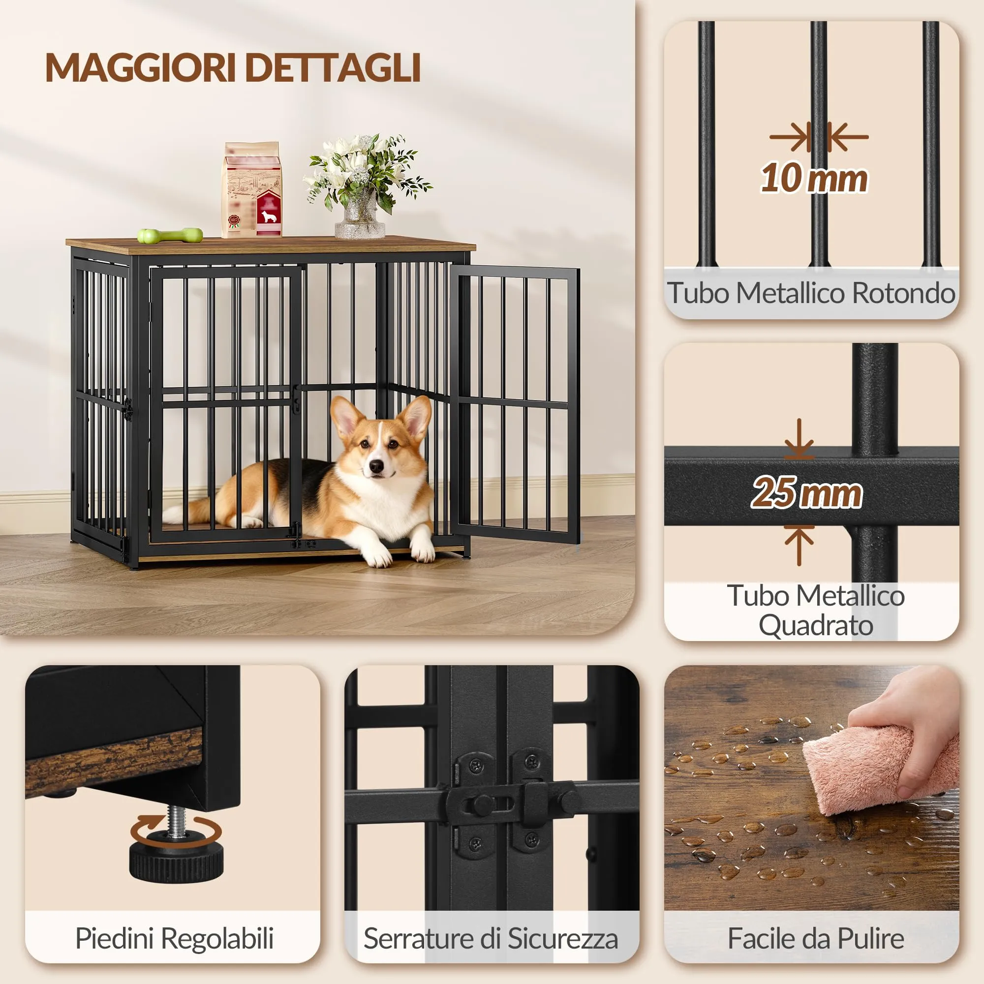 Fobyfurny Gabbia per Cani, 80 x 60 x 70cm, Marrone Rustico & Nero - immagine 7