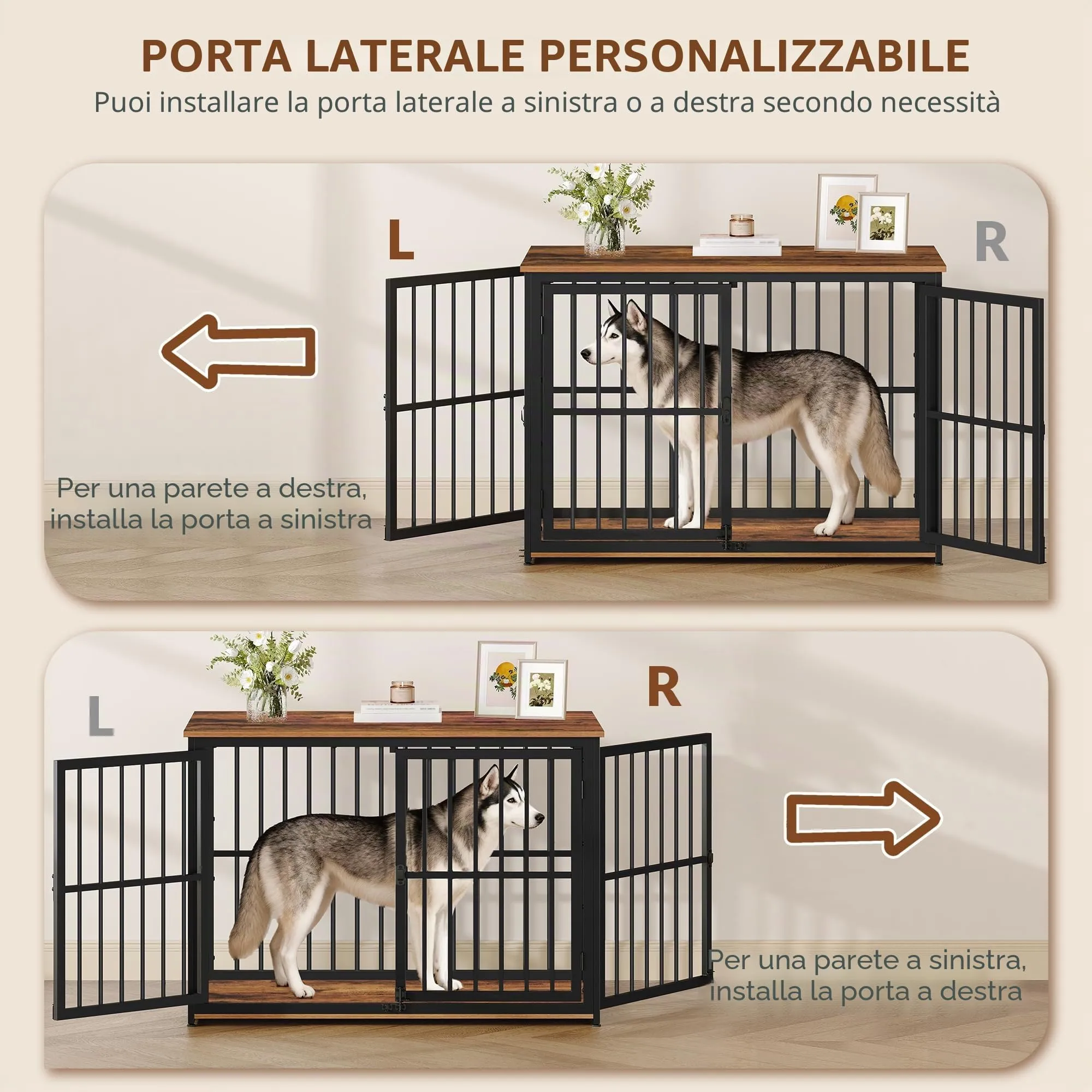 Fobyfurny Gabbia per Cani, 100 x 60 x 70cm, Marrone Rustico & Nero - immagine 3