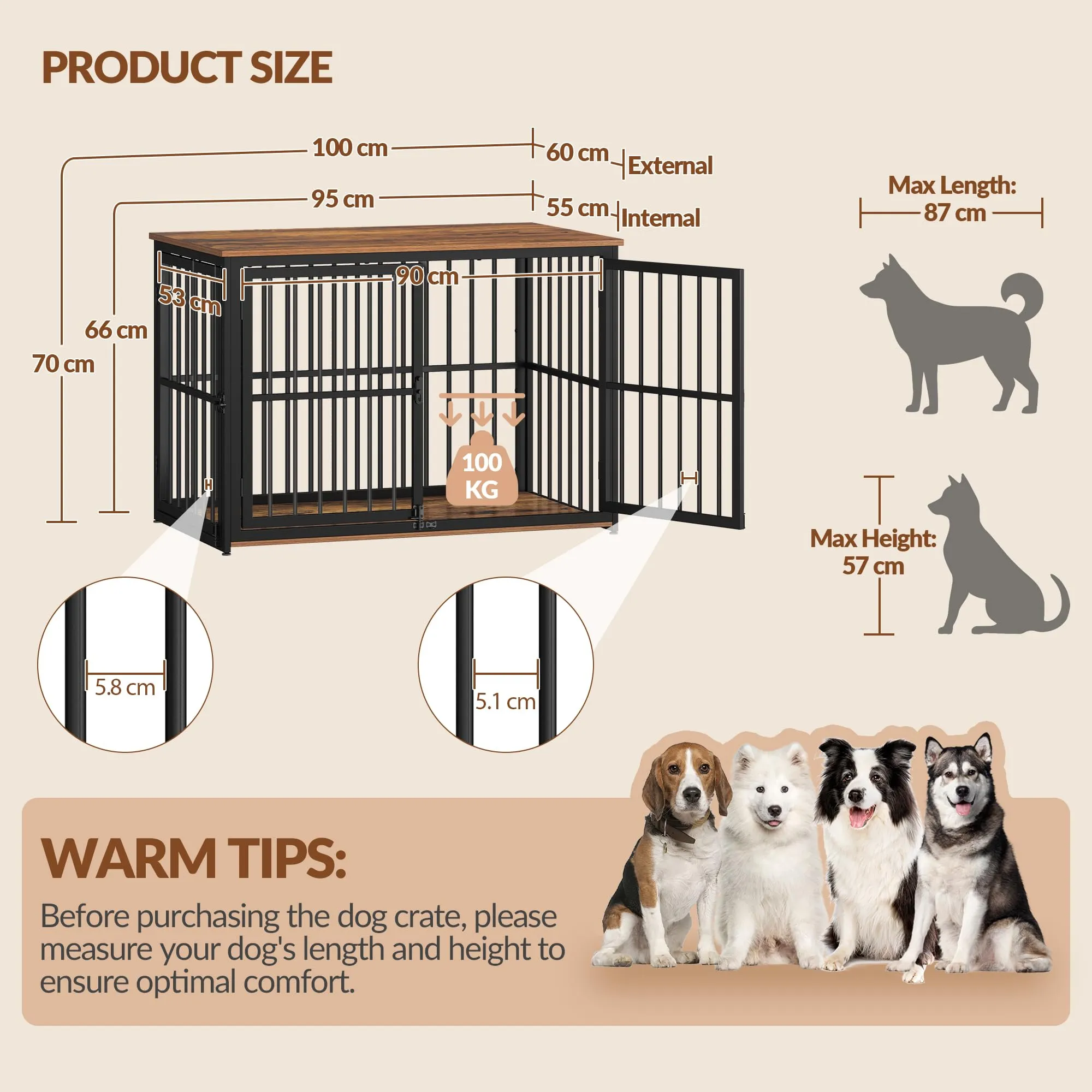 Fobyfurny Gabbia per Cani, 100 x 60 x 70cm, Marrone Rustico & Nero - immagine 4