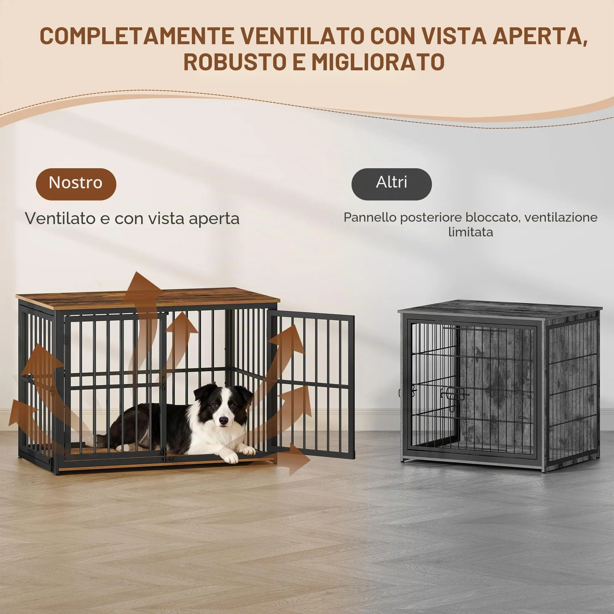 Fobyfurny Gabbia per Cani, 100 x 60 x 70cm, Marrone Rustico & Nero - immagine 5