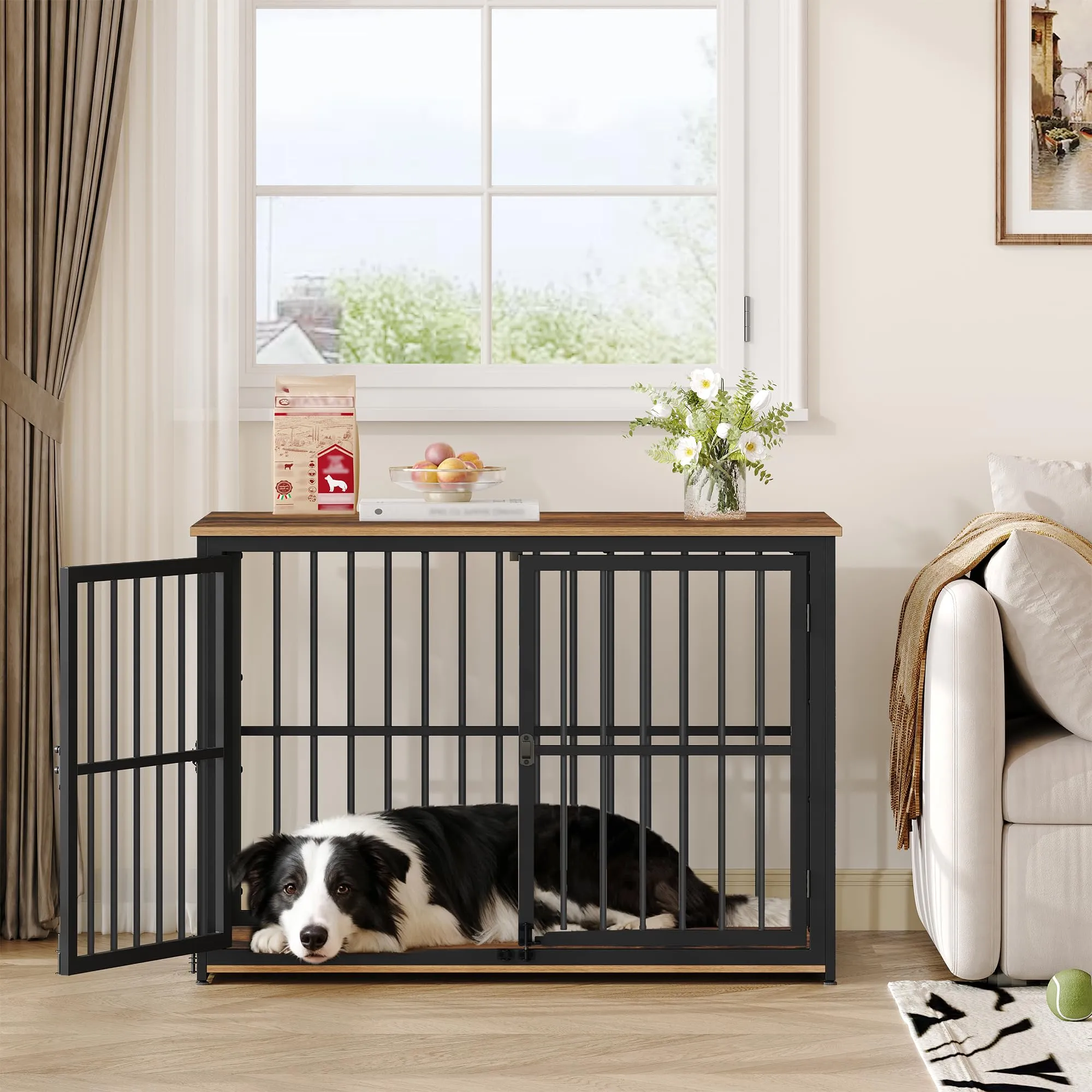 Fobyfurny Gabbia per Cani, 100 x 60 x 70cm, Marrone Rustico & Nero - immagine 6