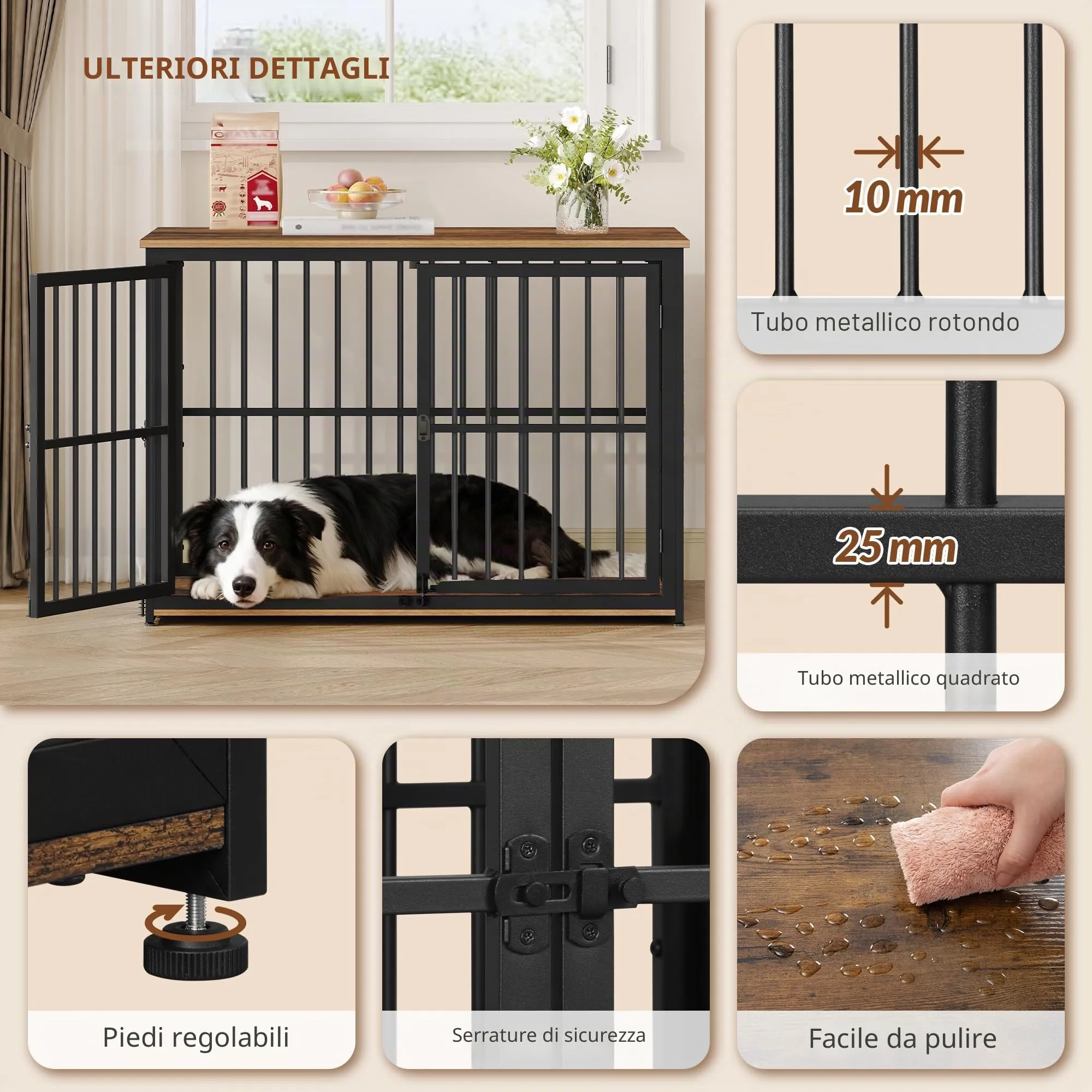 Fobyfurny Gabbia per Cani, 100 x 60 x 70cm, Marrone Rustico & Nero - immagine 7
